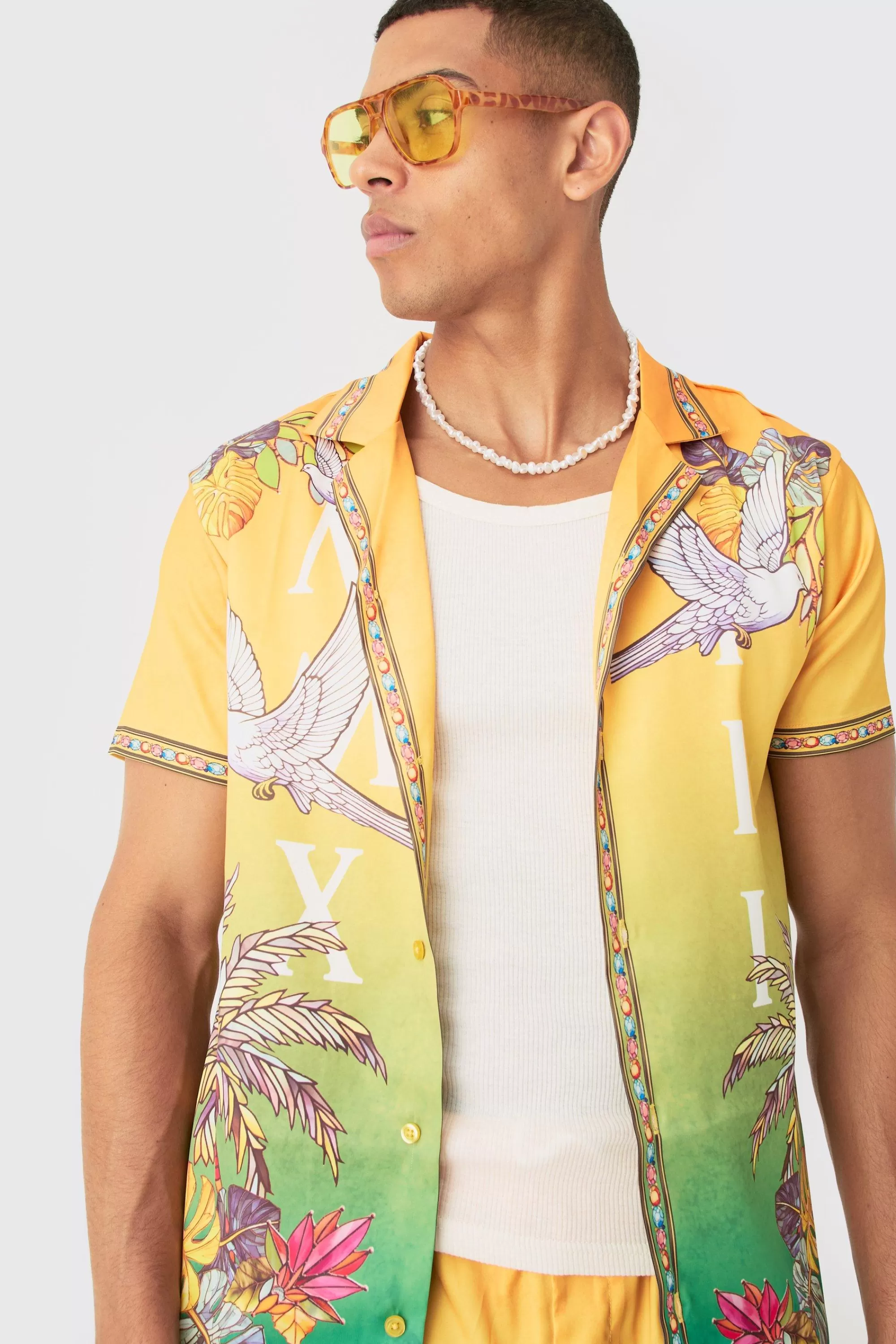 boohooMAN Short Sleeve Satin Ombre Palm Shirt & Short | UK