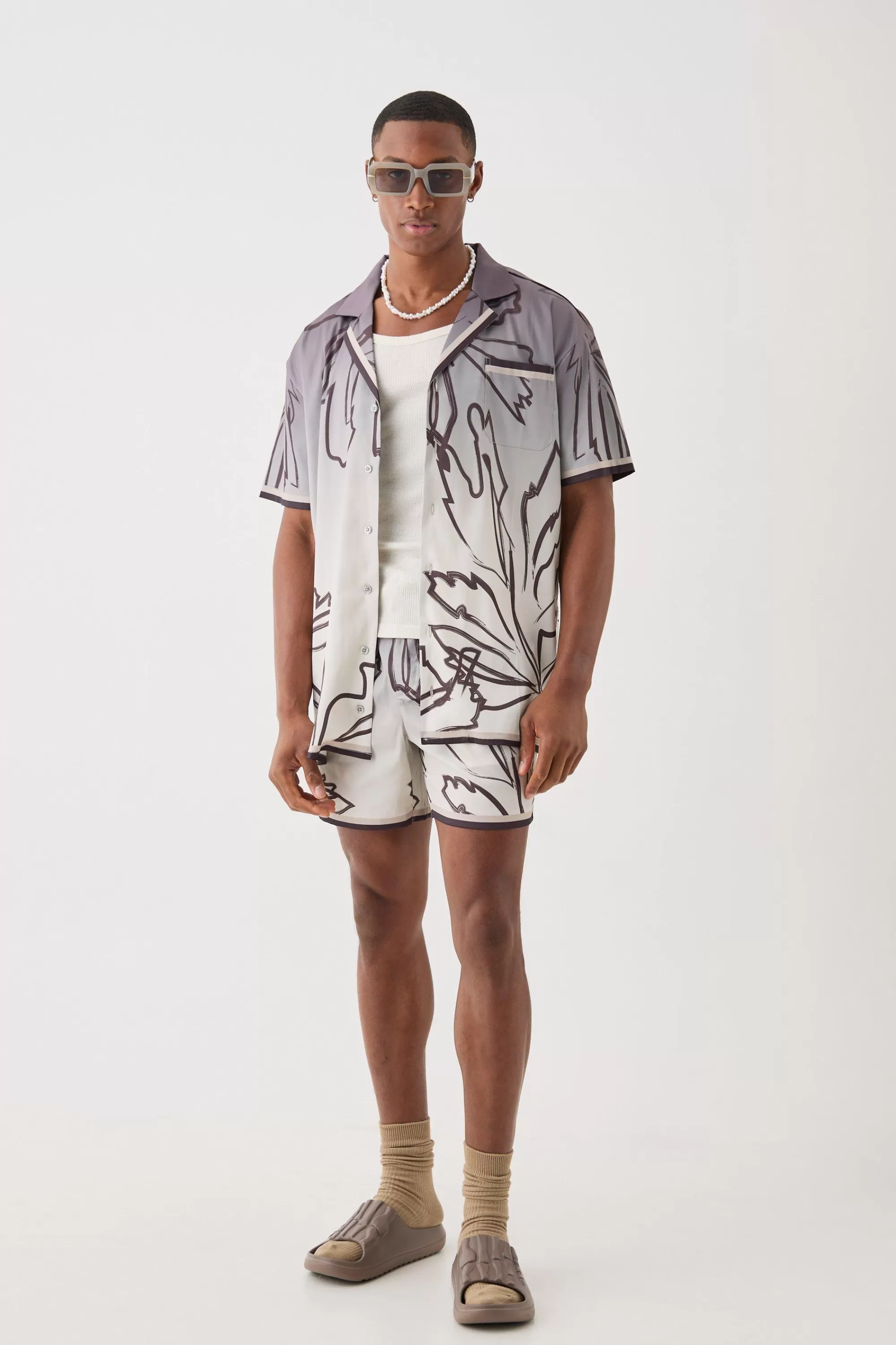 boohooMAN Short Sleeve Satin Oversized Ombre Floral Shirt & Short | UK