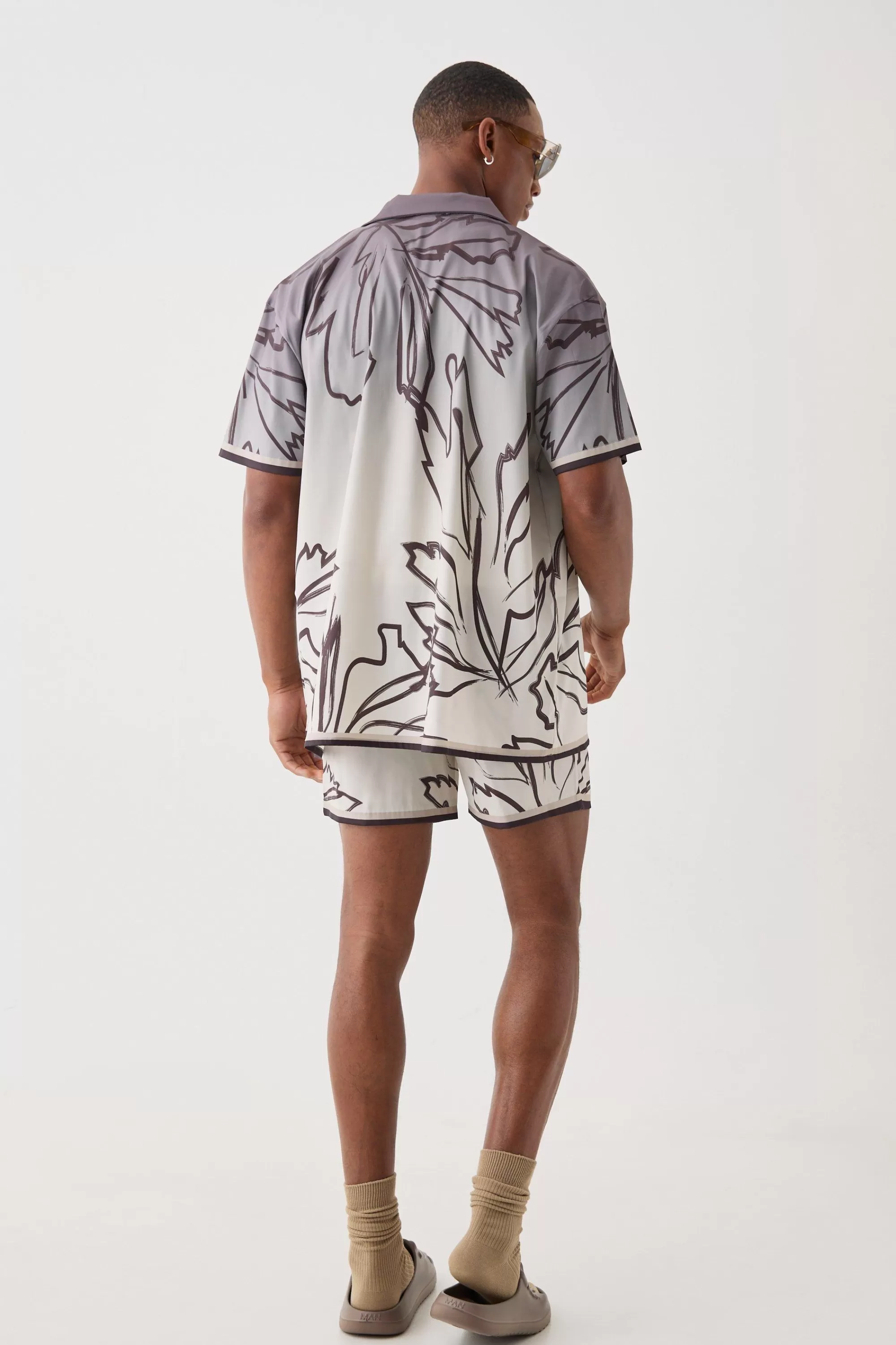 boohooMAN Short Sleeve Satin Oversized Ombre Floral Shirt & Short | UK