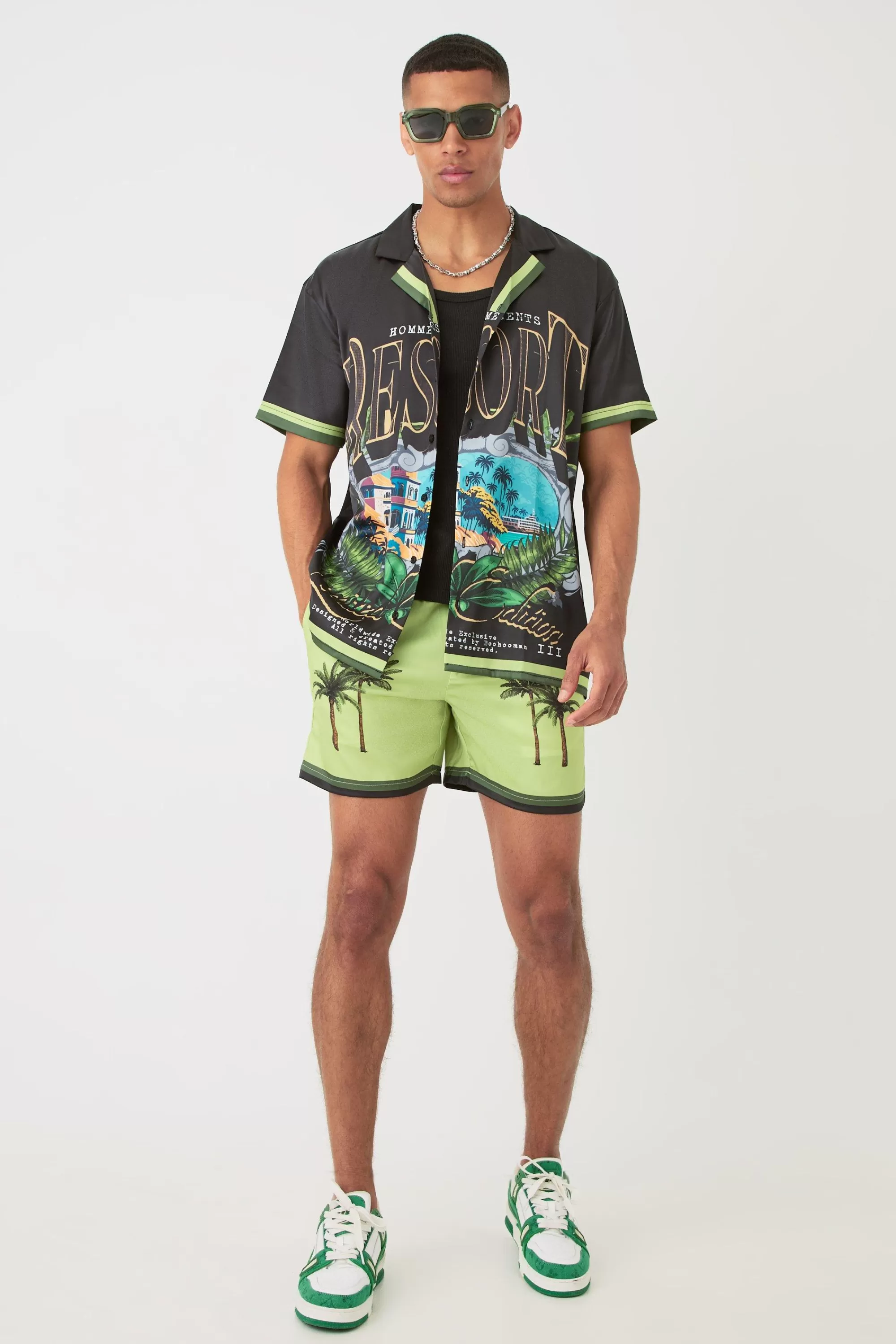 boohooMAN Short Sleeve Satin Oversized Resort Shirt & Short | UK