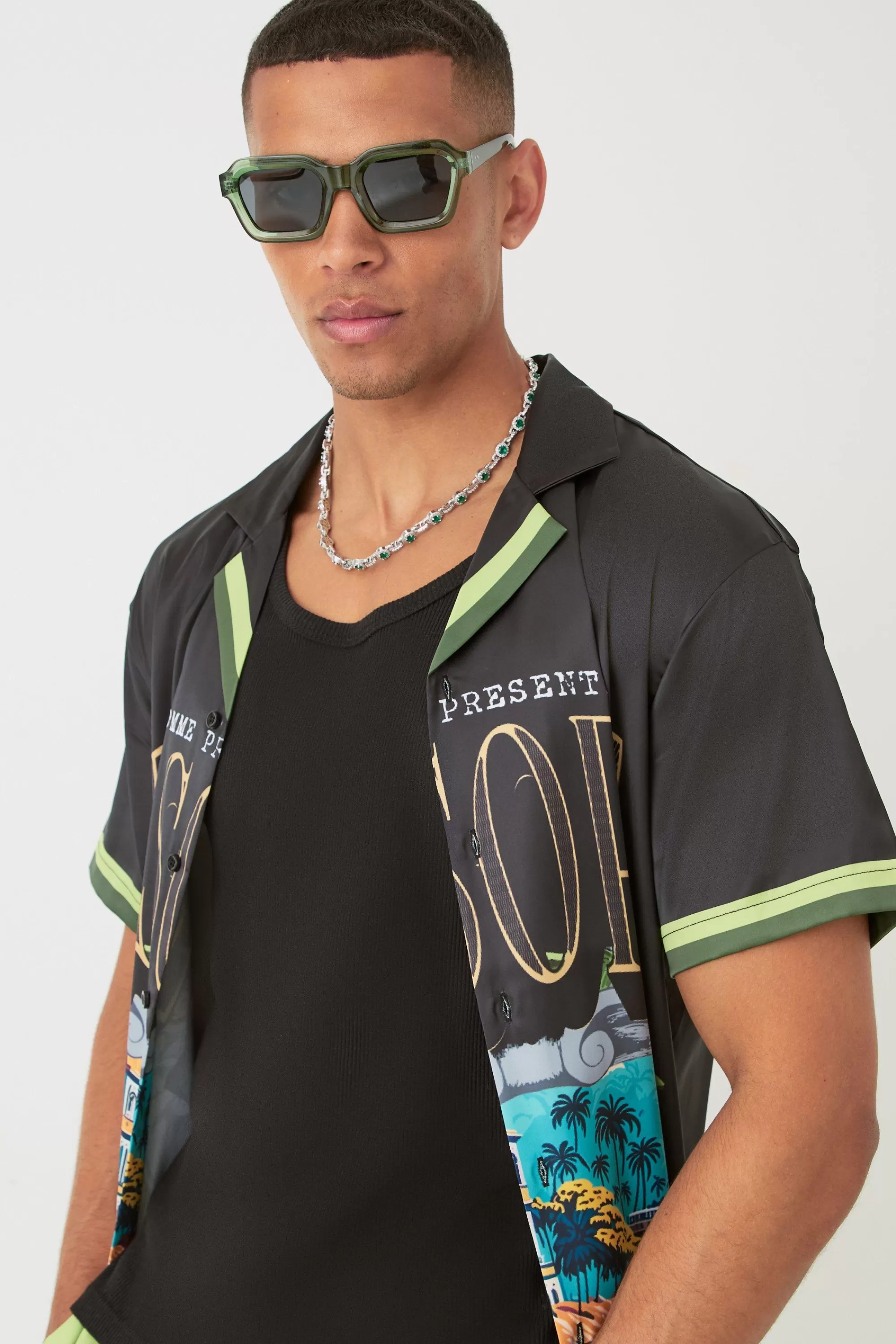boohooMAN Short Sleeve Satin Oversized Resort Shirt & Short | UK