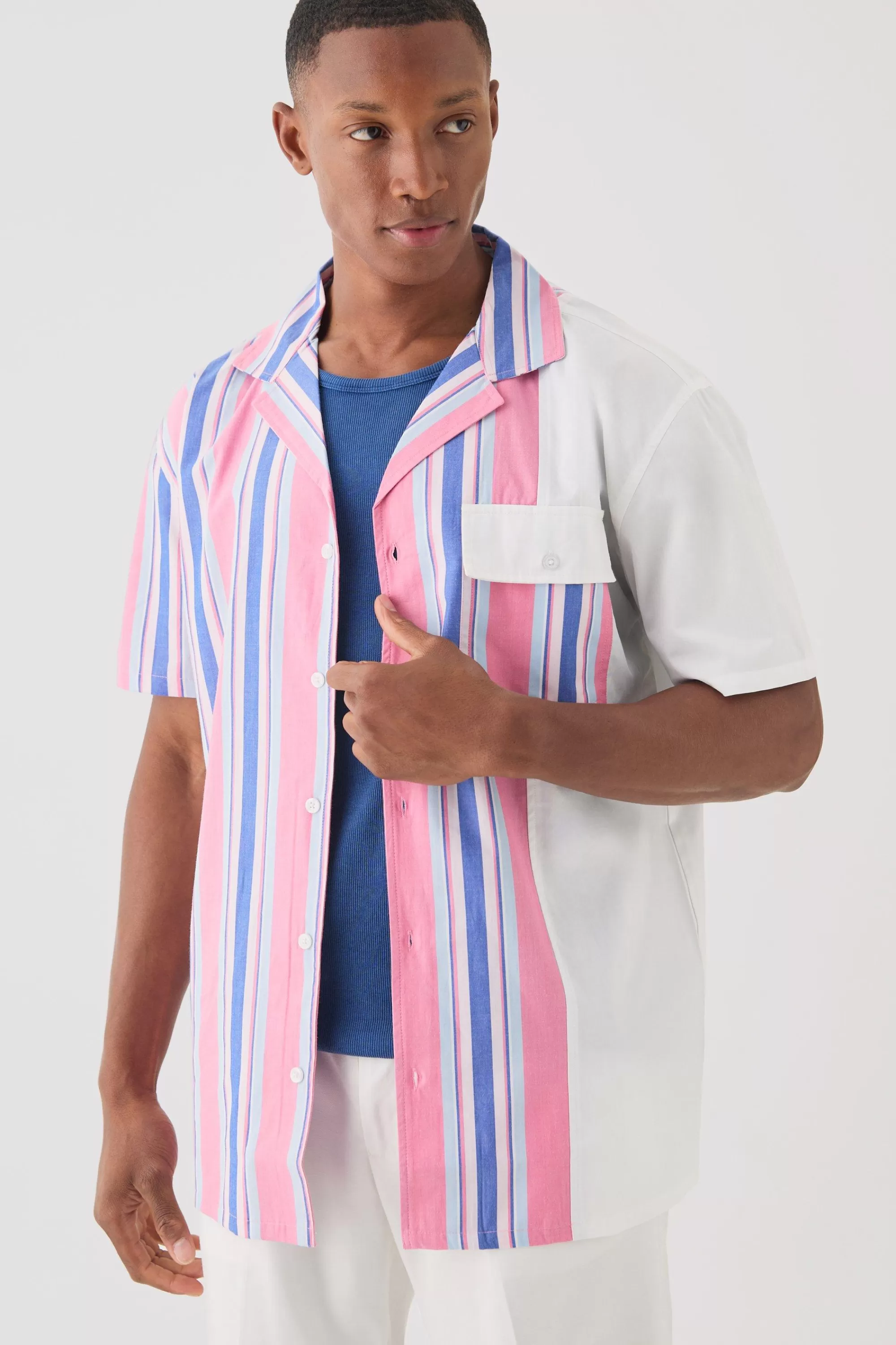 boohooMAN Short Sleeve Spliced Stripe Shirt | UK