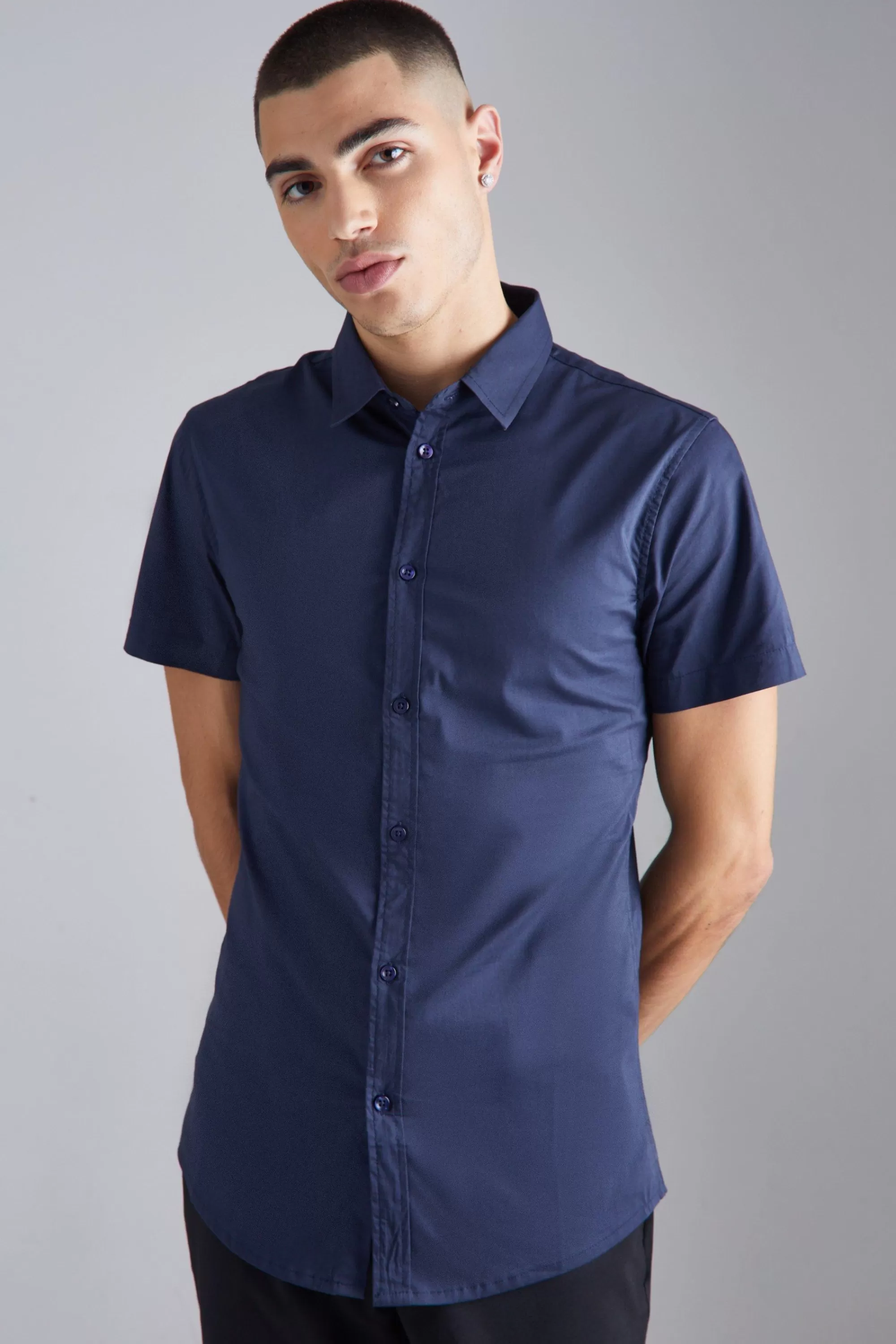 boohooMAN Short Sleeve Stretch Fit Shirt | UK