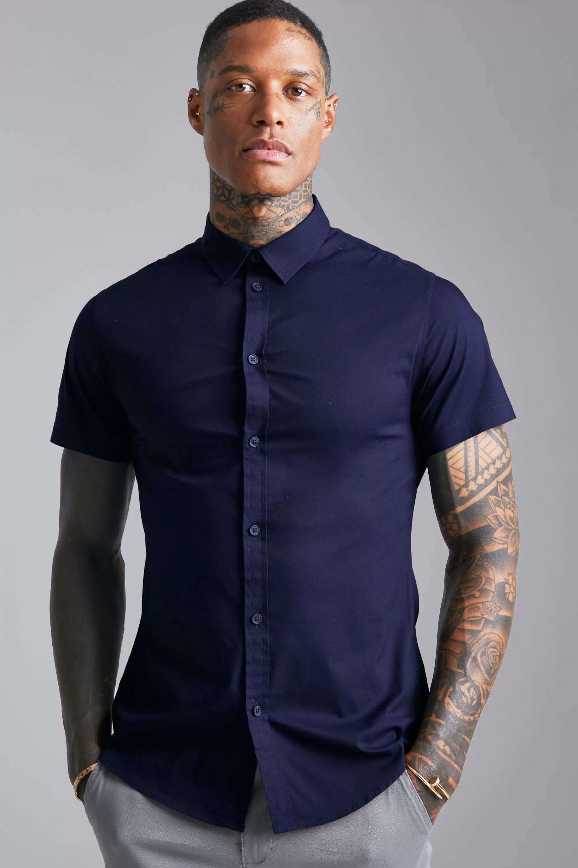 boohooMAN Short Sleeve Stretch Fit Shirt | UK