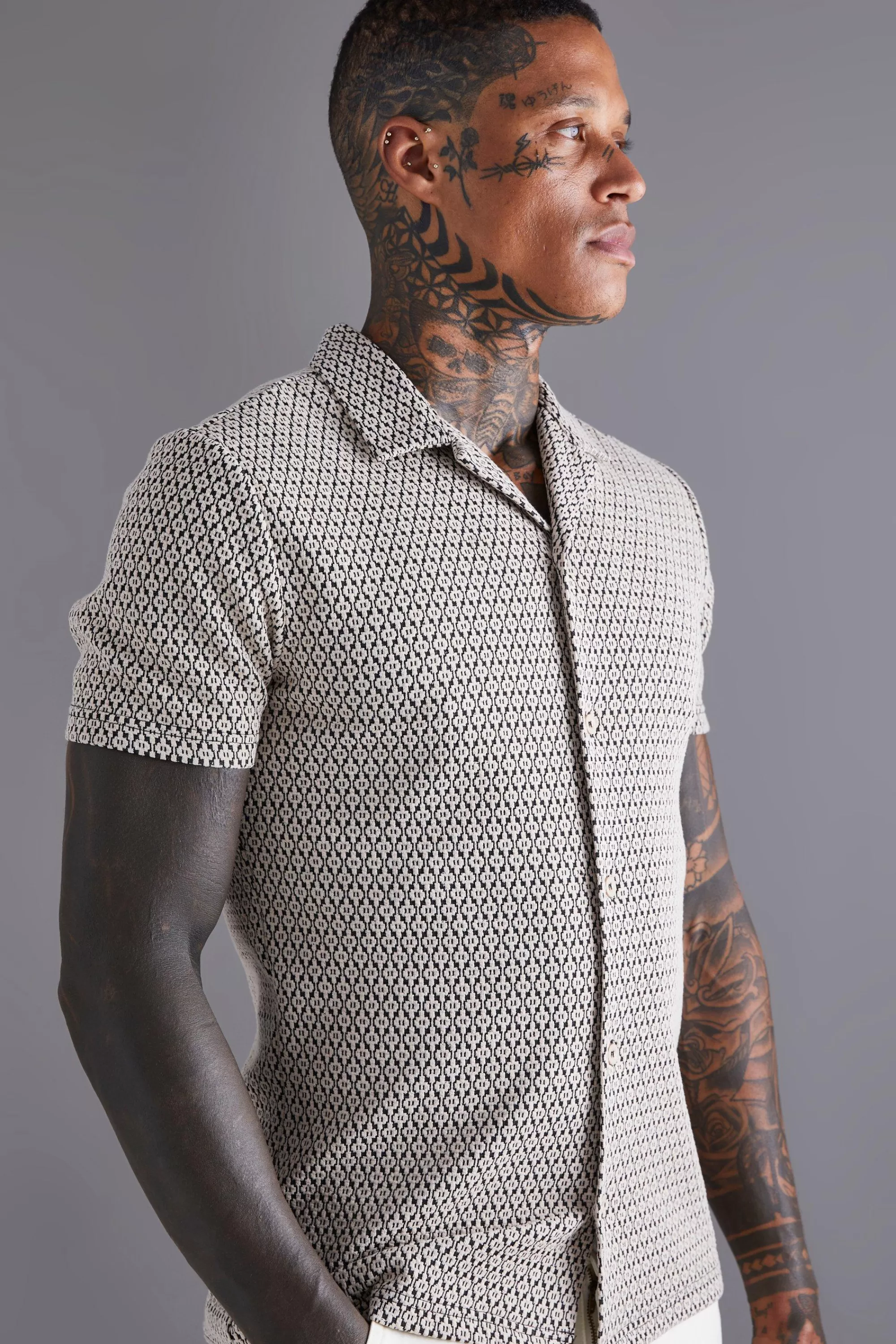 boohooMAN Short Sleeve Stretch Mini Geo Shirt | UK