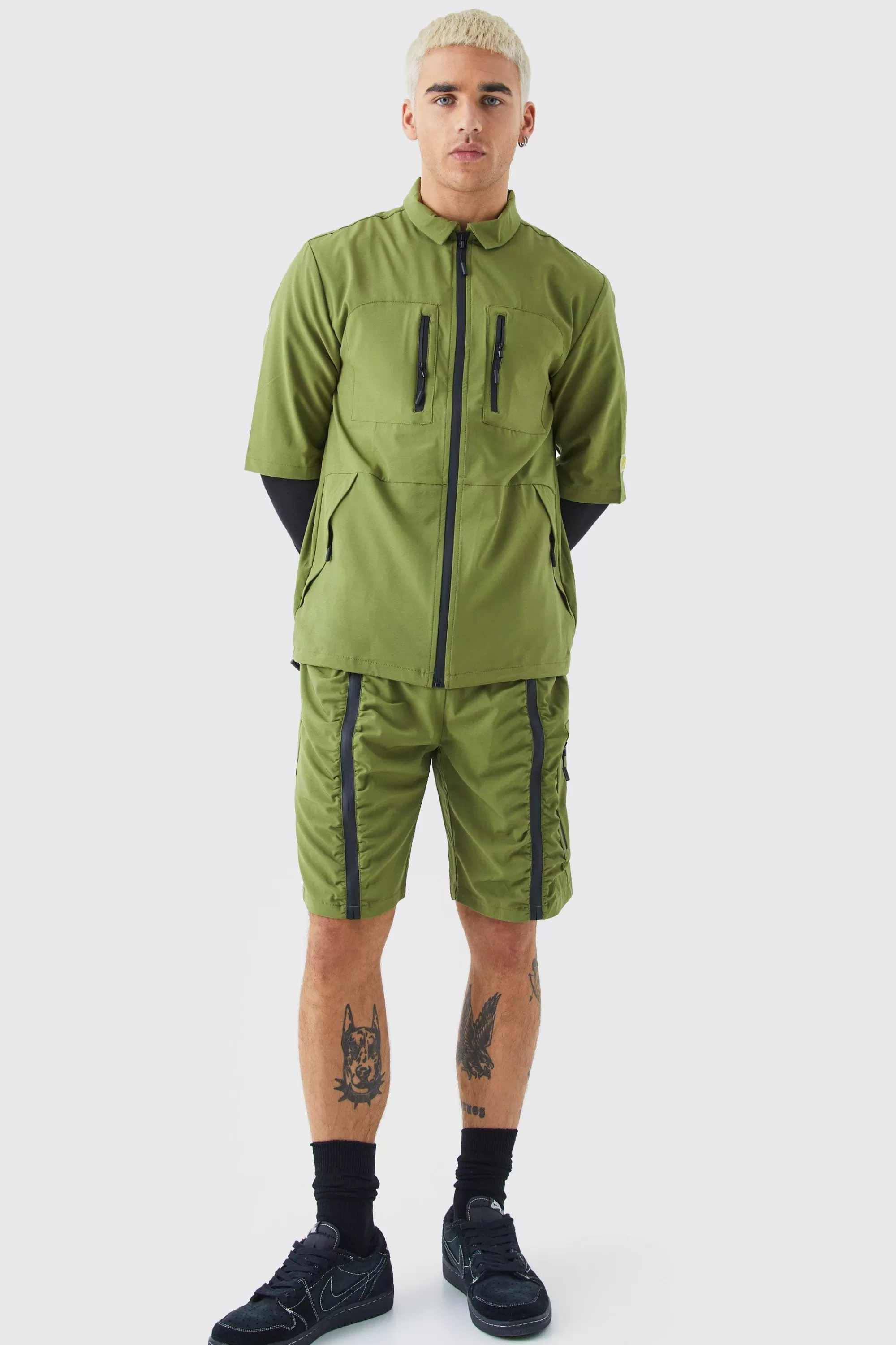 boohooMAN Short Sleeve Technical Utility Shirt & Short Set | UK