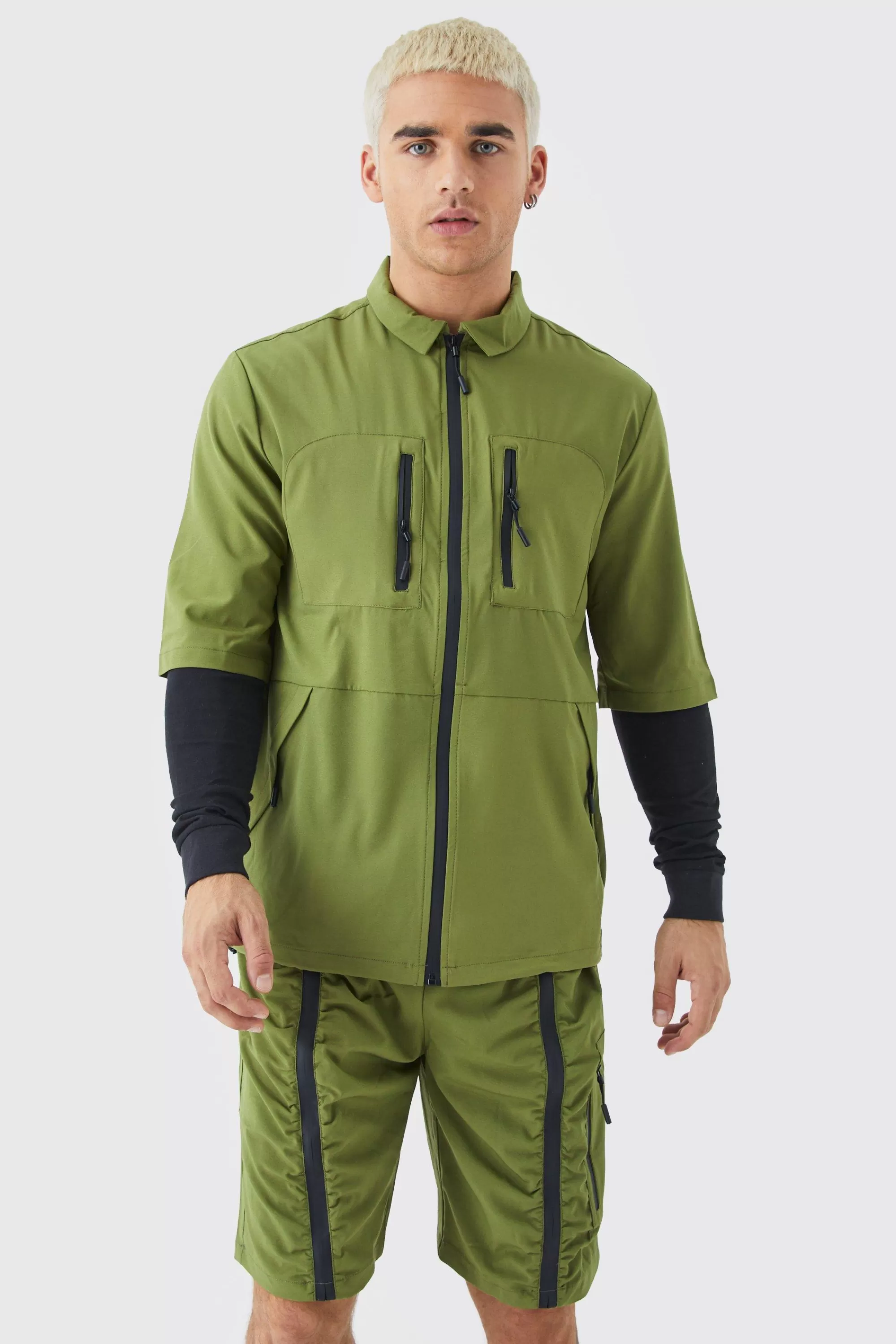 boohooMAN Short Sleeve Technical Utility Shirt & Short Set | UK