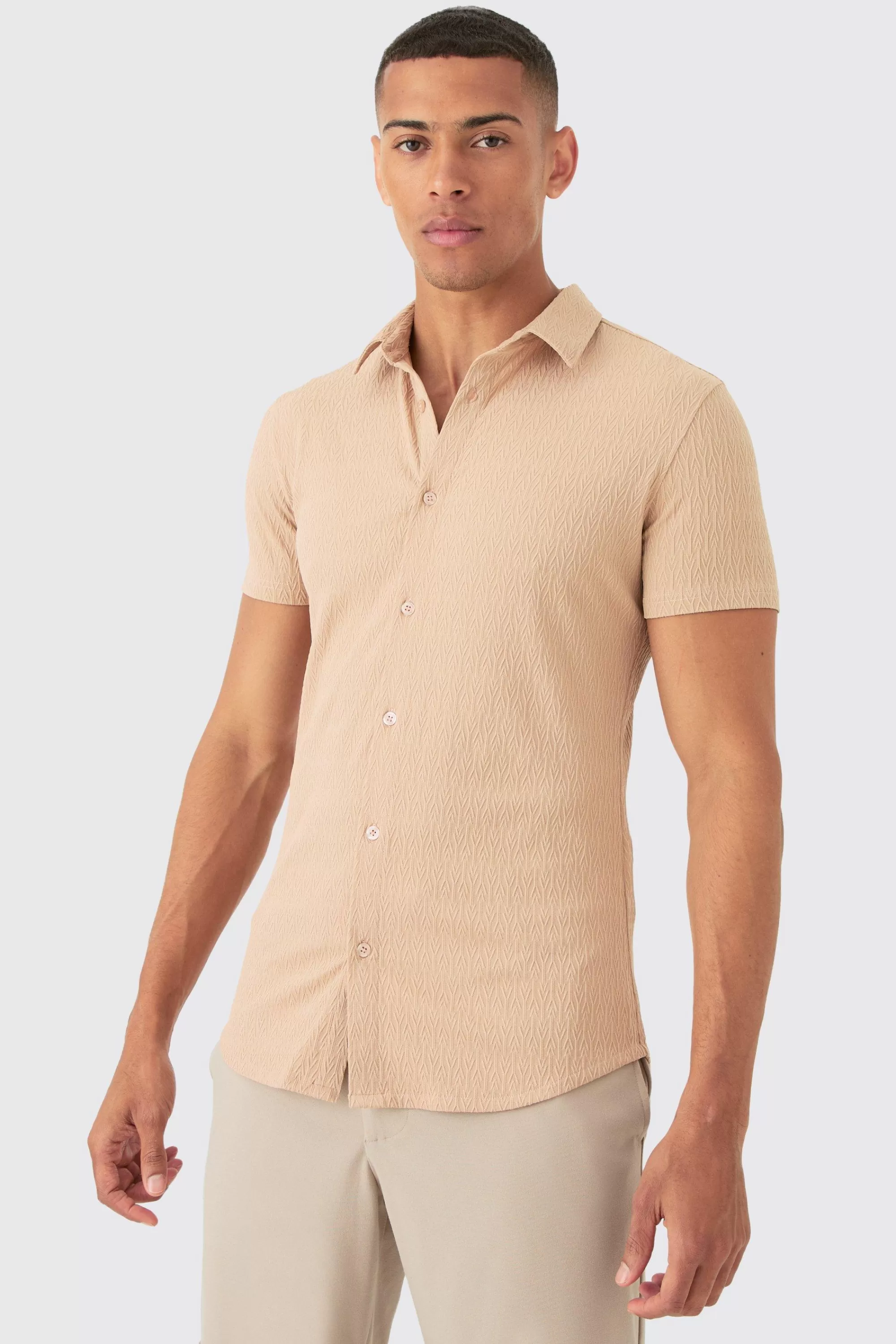 boohooMAN Short Sleeve Textured Detail Muscle Fit Shirt | UK