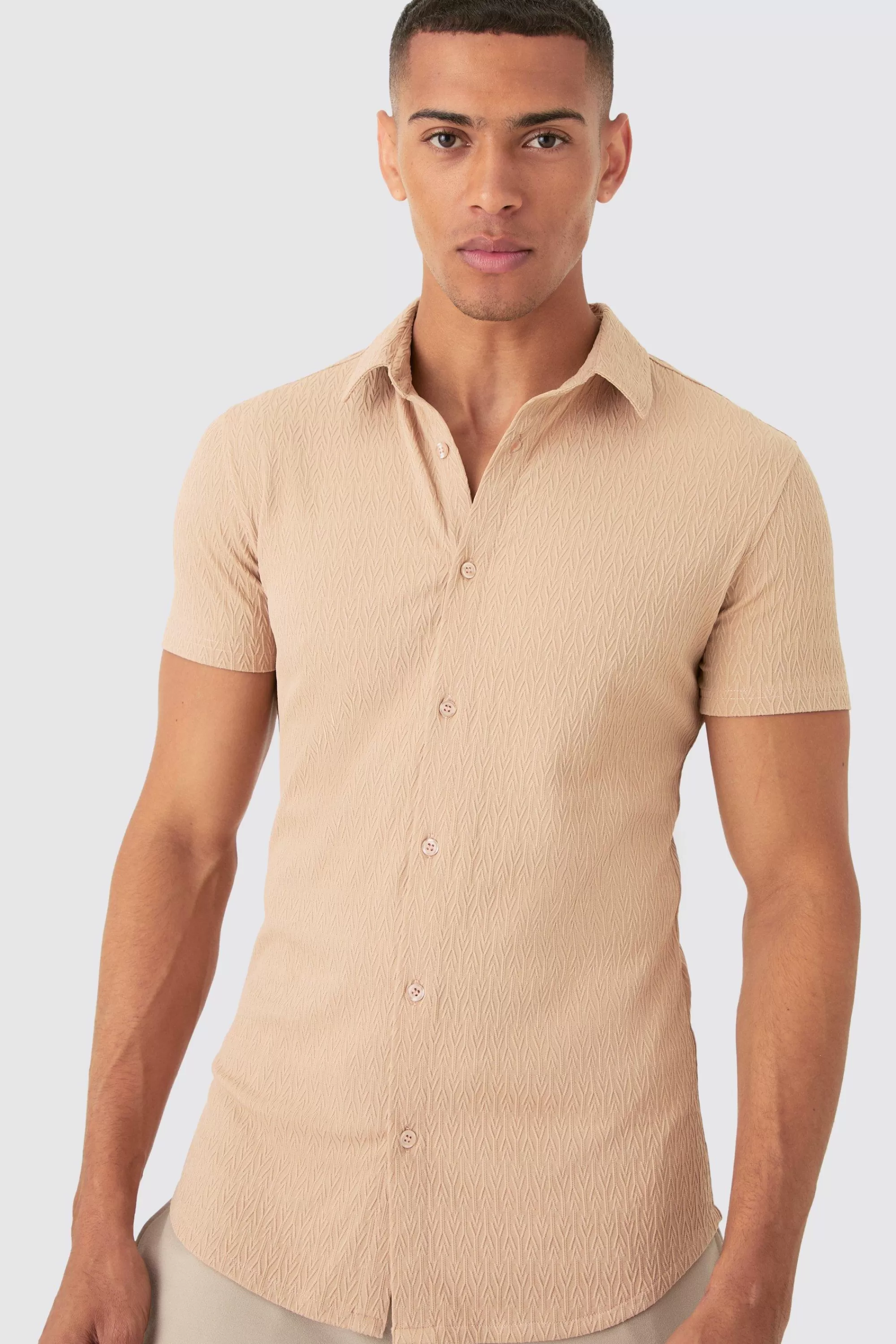 boohooMAN Short Sleeve Textured Detail Muscle Fit Shirt | UK