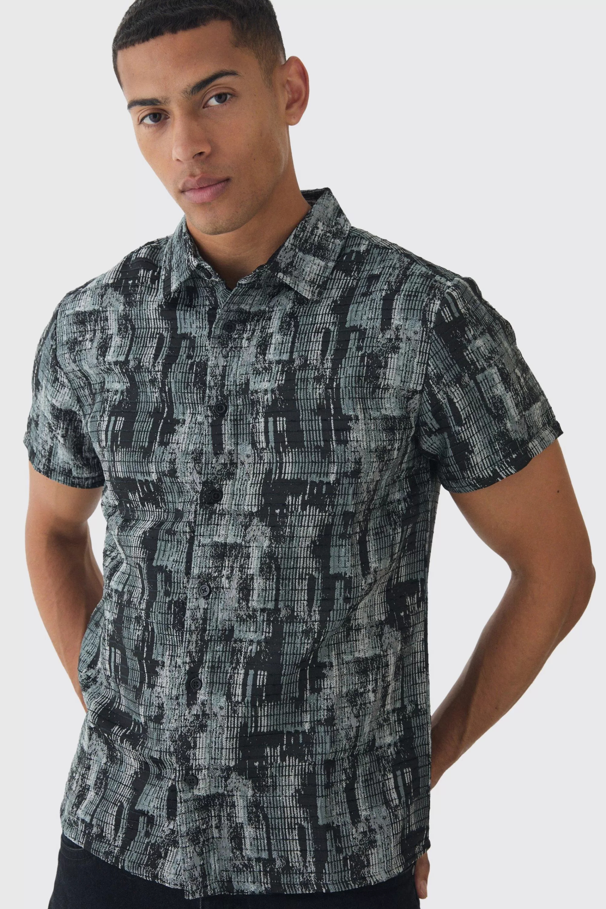 boohooMAN Short Sleeve Textured Jacquard Shirt | UK