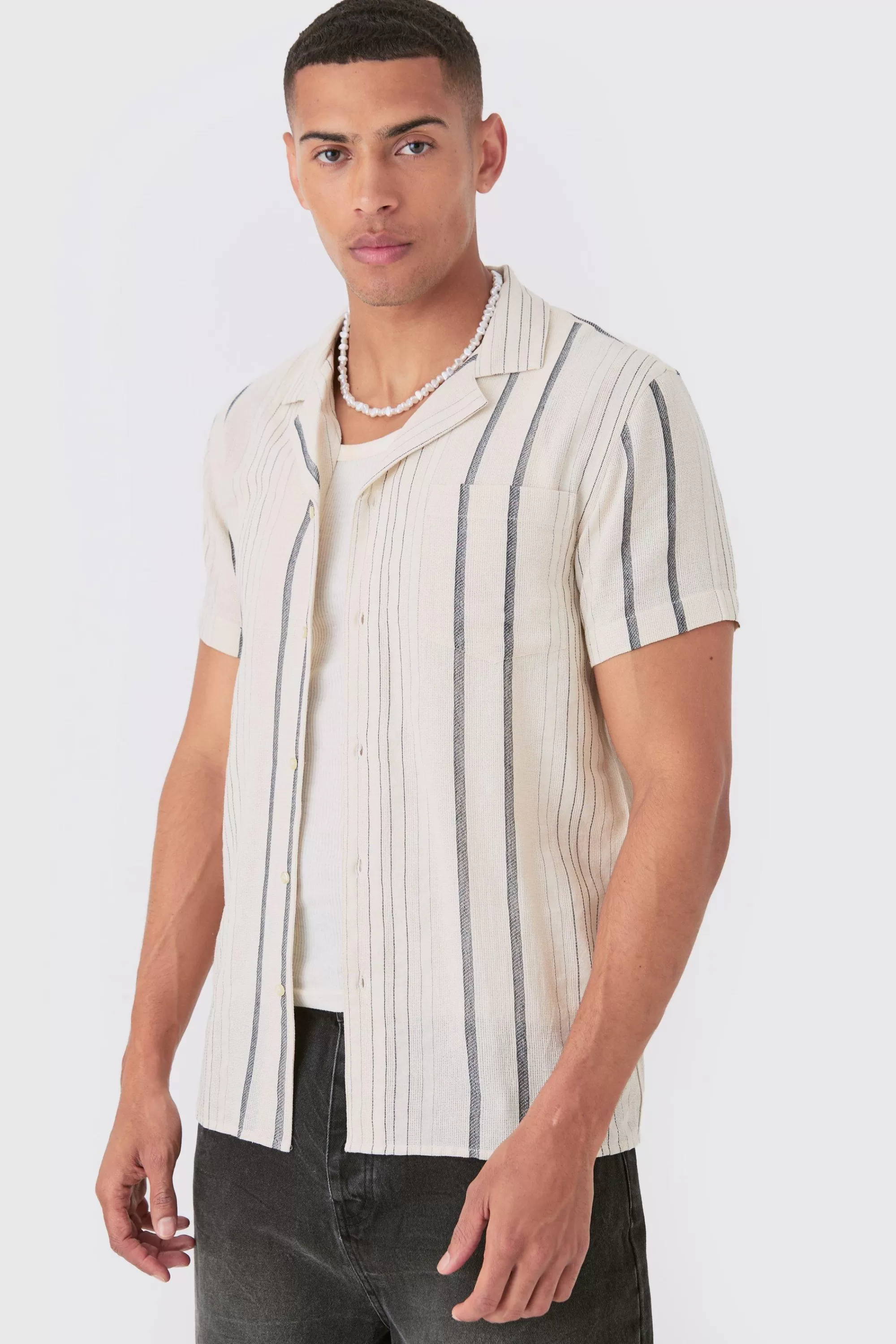 boohooMAN Short Sleeve Textured Multi Stripe Pocket Shirt | UK