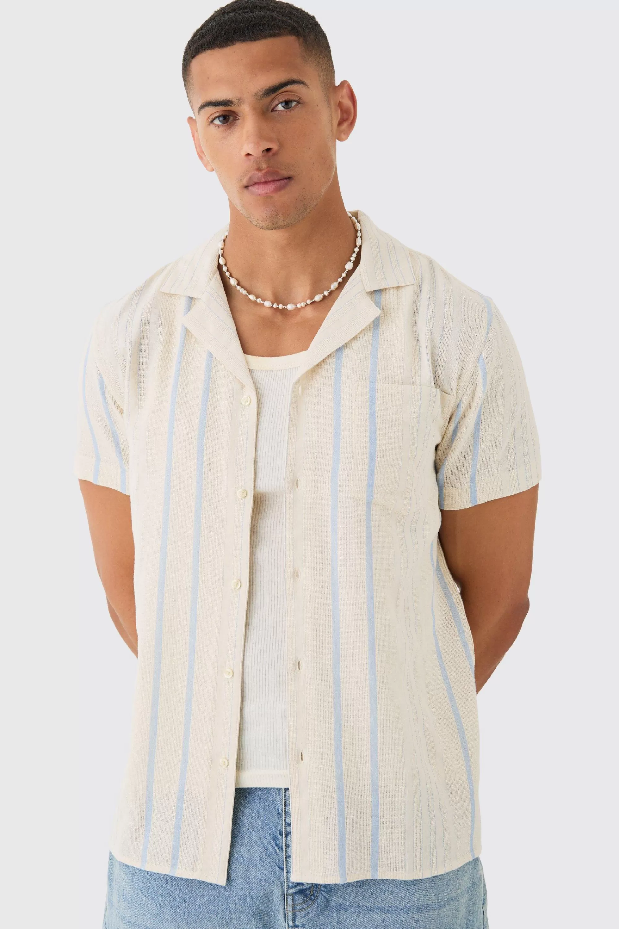 boohooMAN Short Sleeve Textured Multi Stripe Pocket Shirt | UK