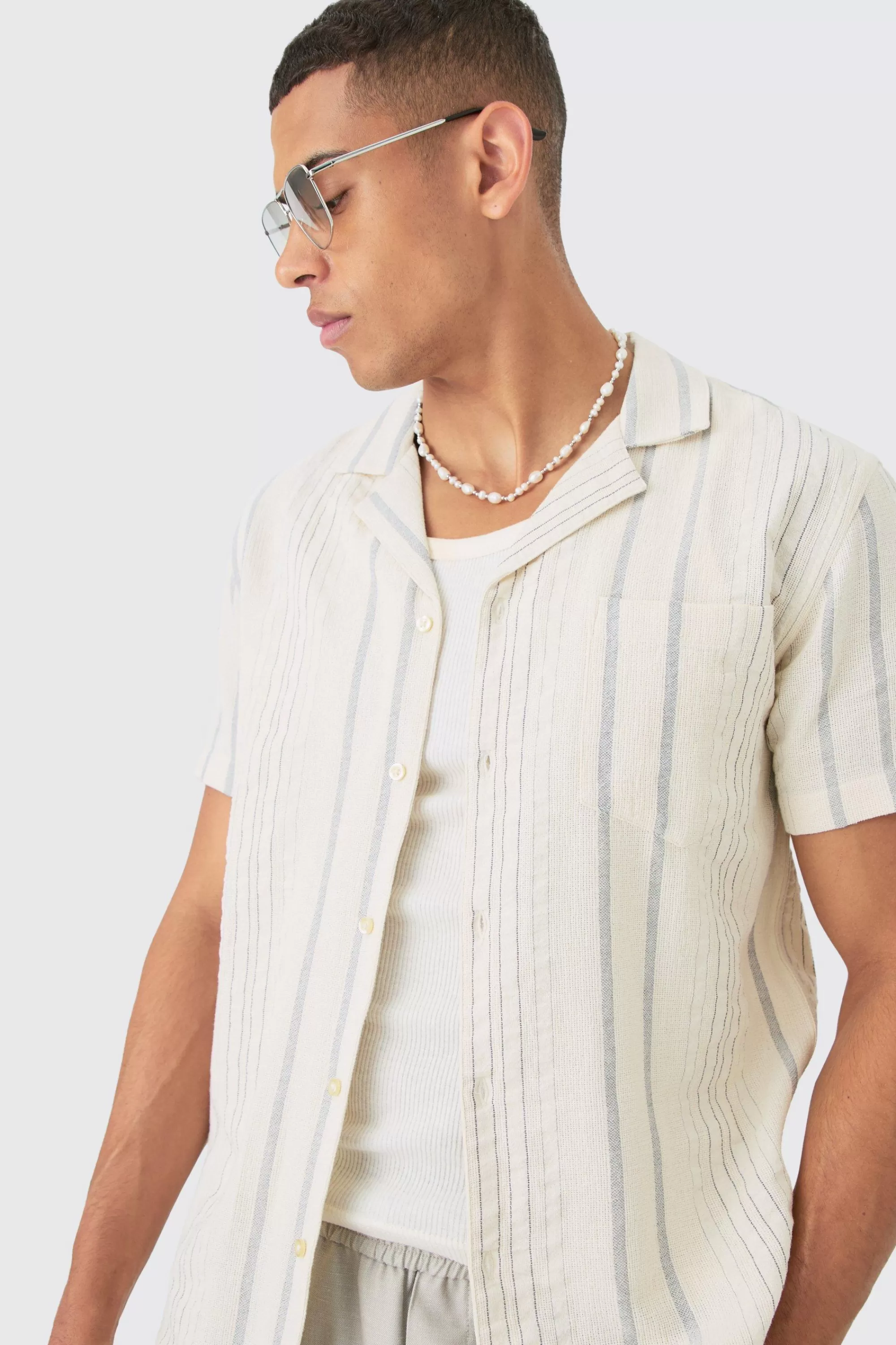 boohooMAN Short Sleeve Textured Multi Stripe Pocket Shirt | UK