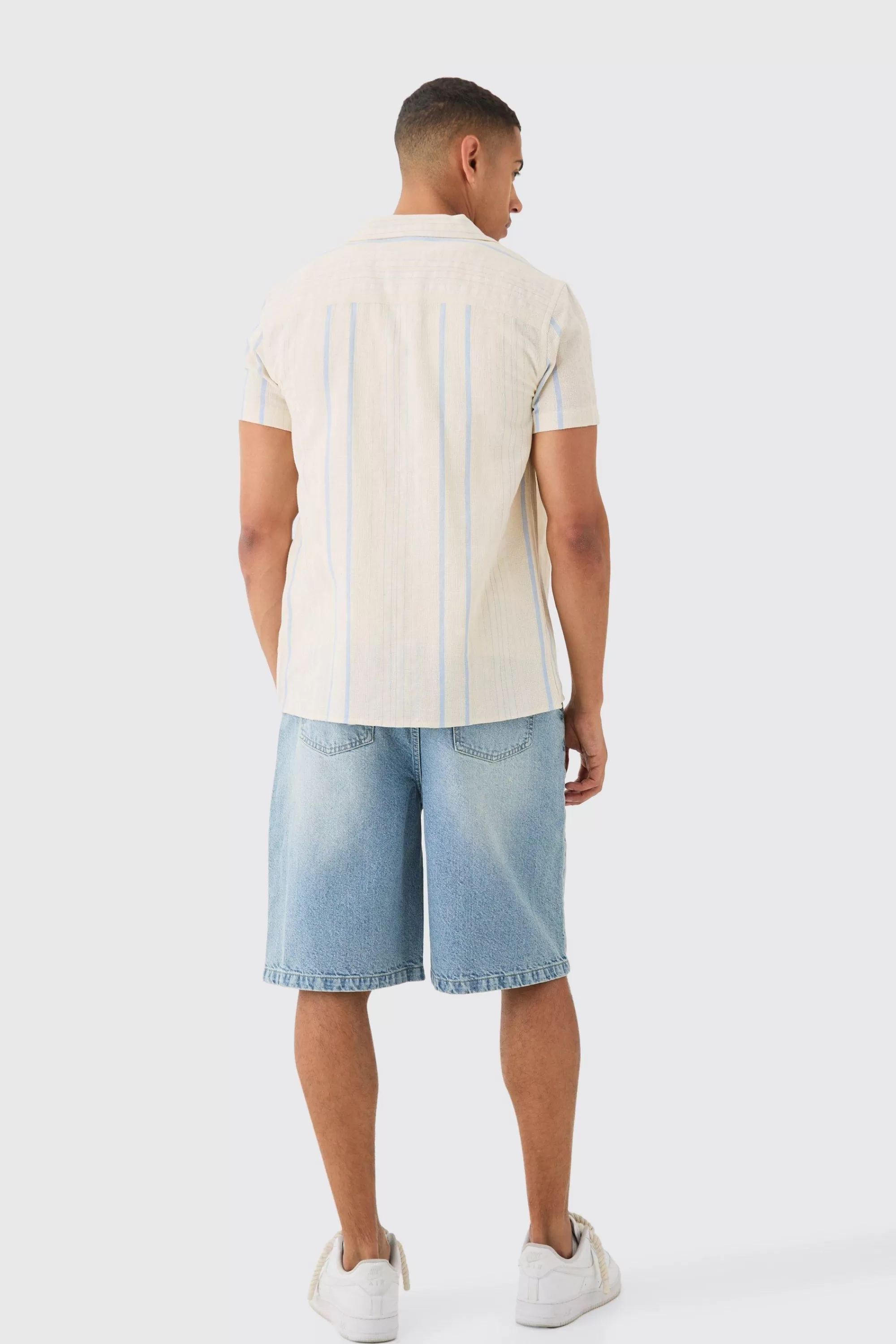boohooMAN Short Sleeve Textured Multi Stripe Pocket Shirt | UK