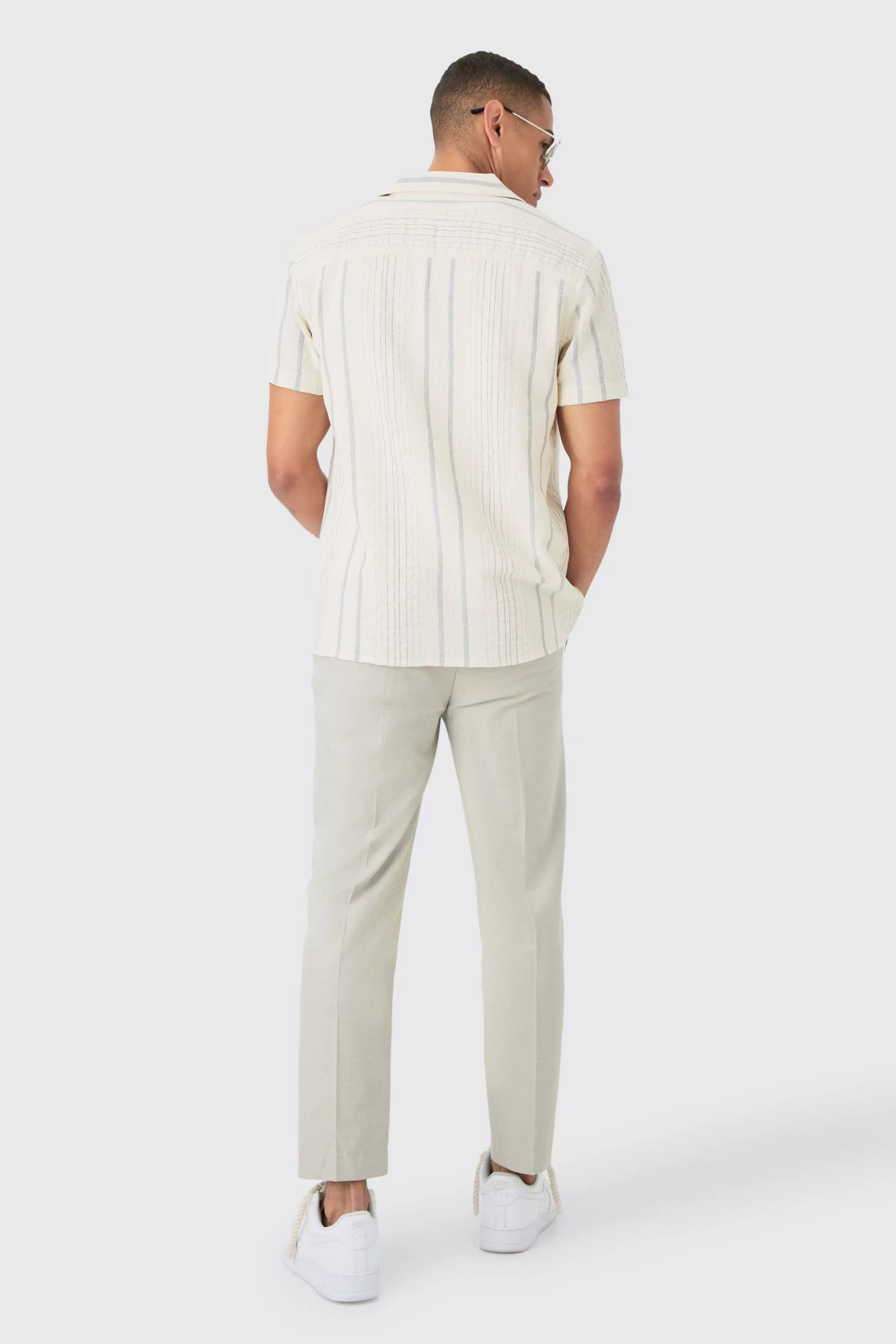 boohooMAN Short Sleeve Textured Multi Stripe Pocket Shirt | UK