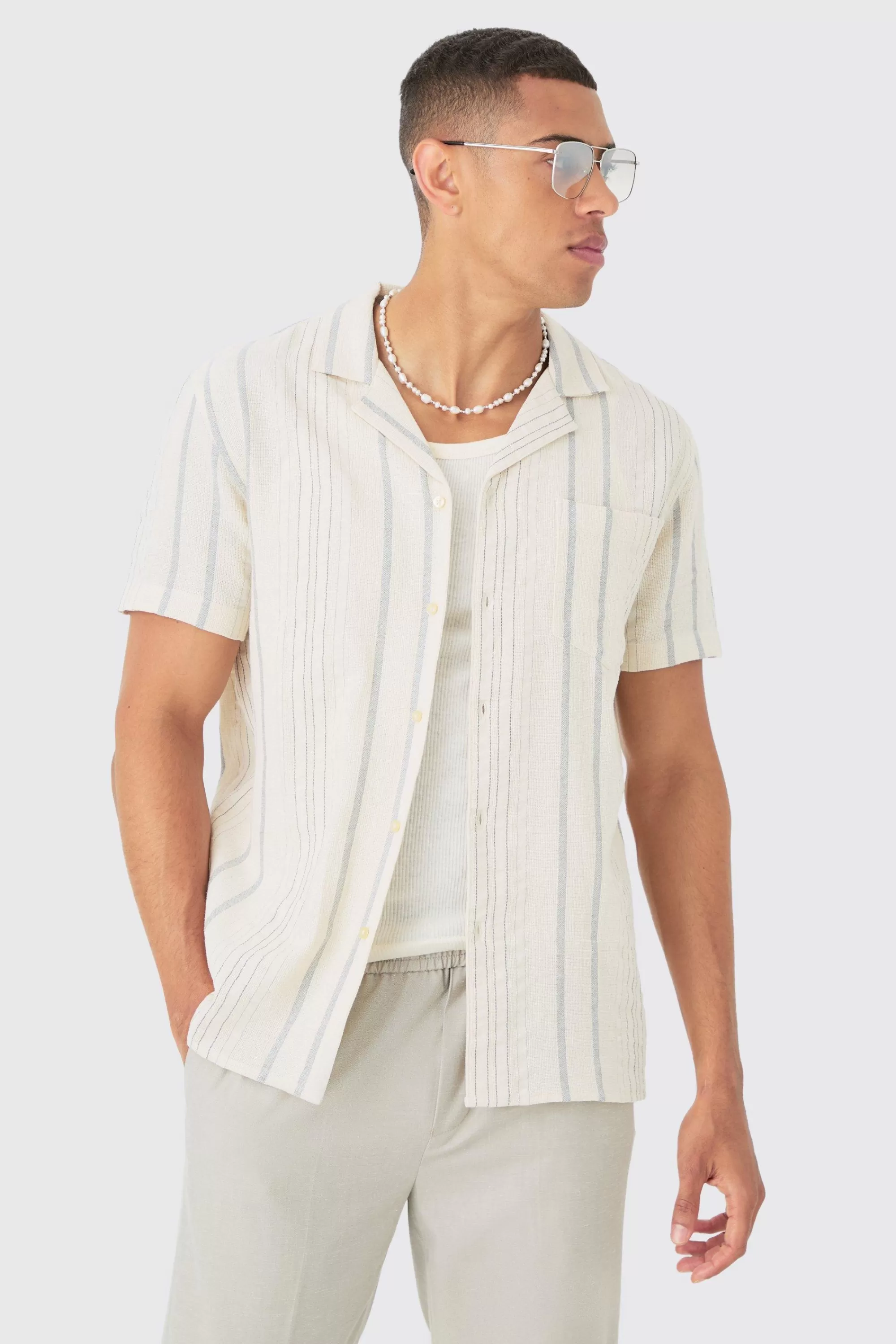 boohooMAN Short Sleeve Textured Multi Stripe Pocket Shirt | UK