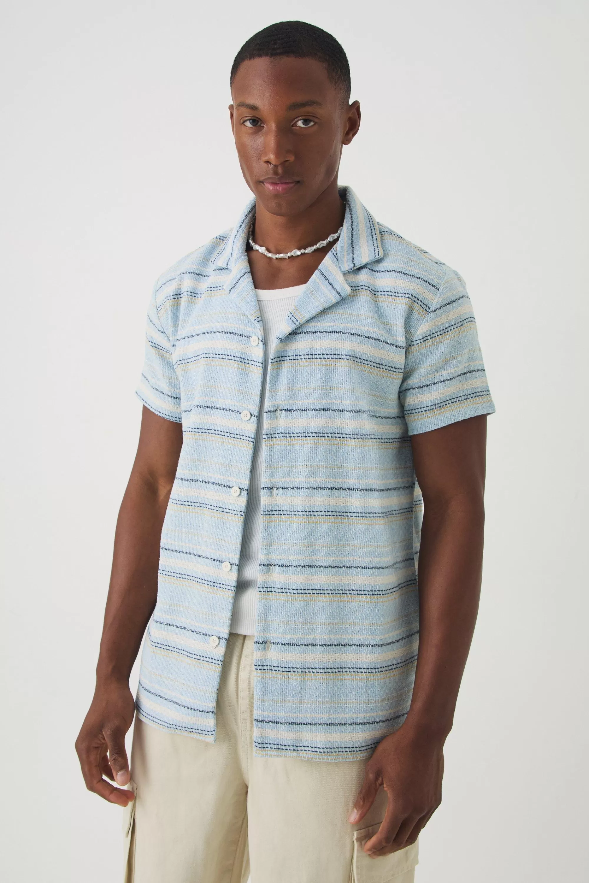 boohooMAN Short Sleeve Textured Stripe Shirt | UK