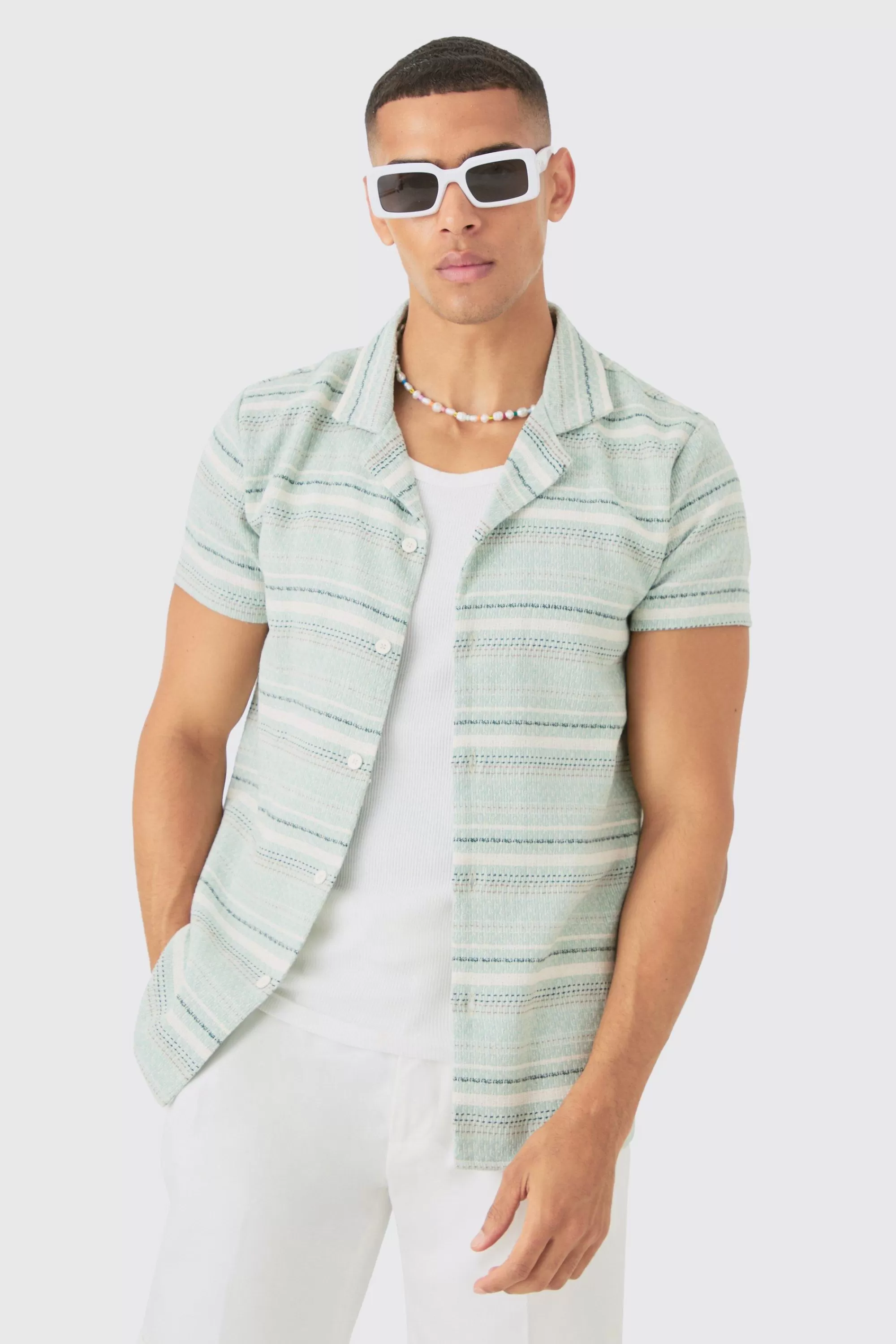 boohooMAN Short Sleeve Textured Stripe Shirt | UK