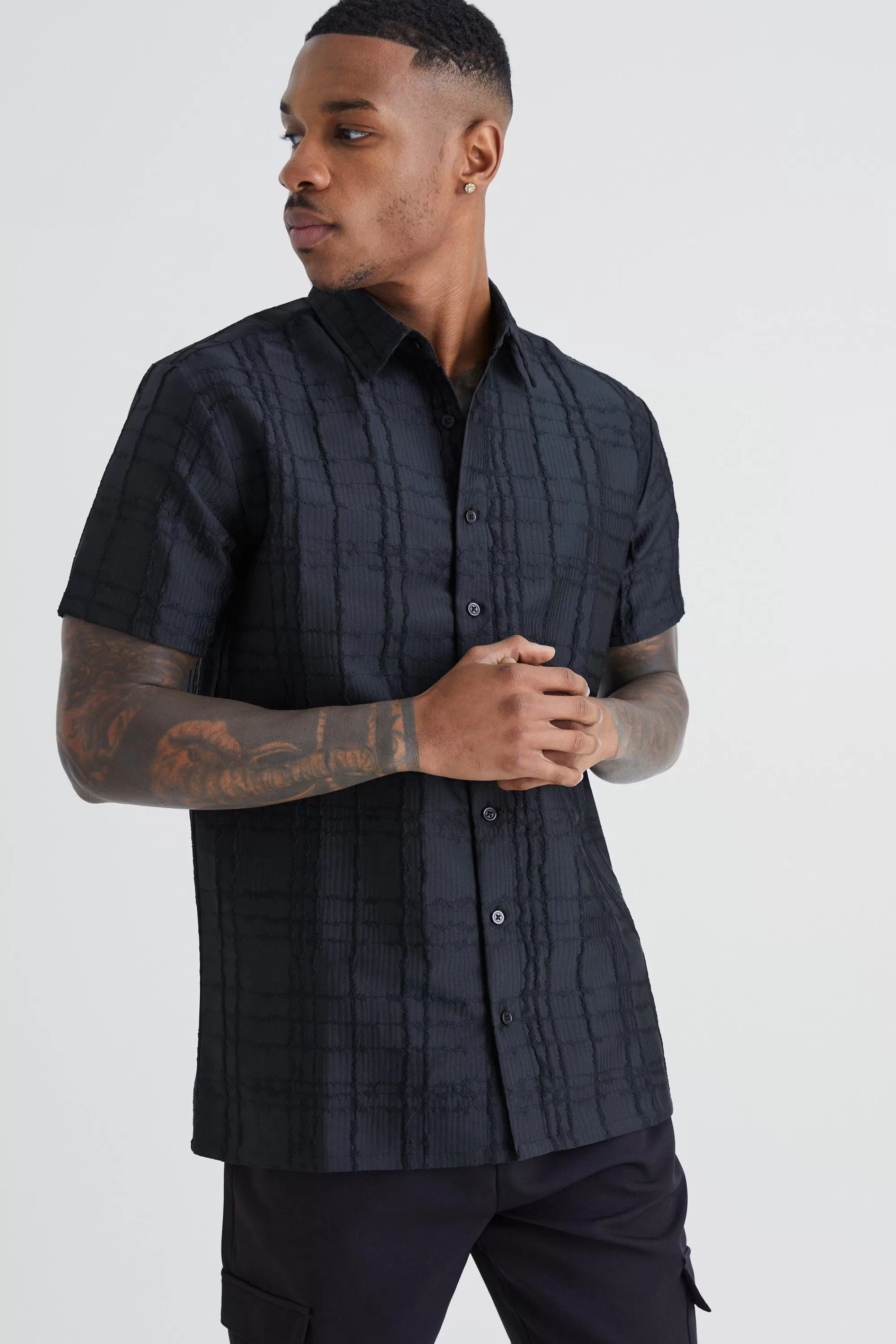 boohooMAN Short Sleeve Textured Tonal Check Shirt | UK