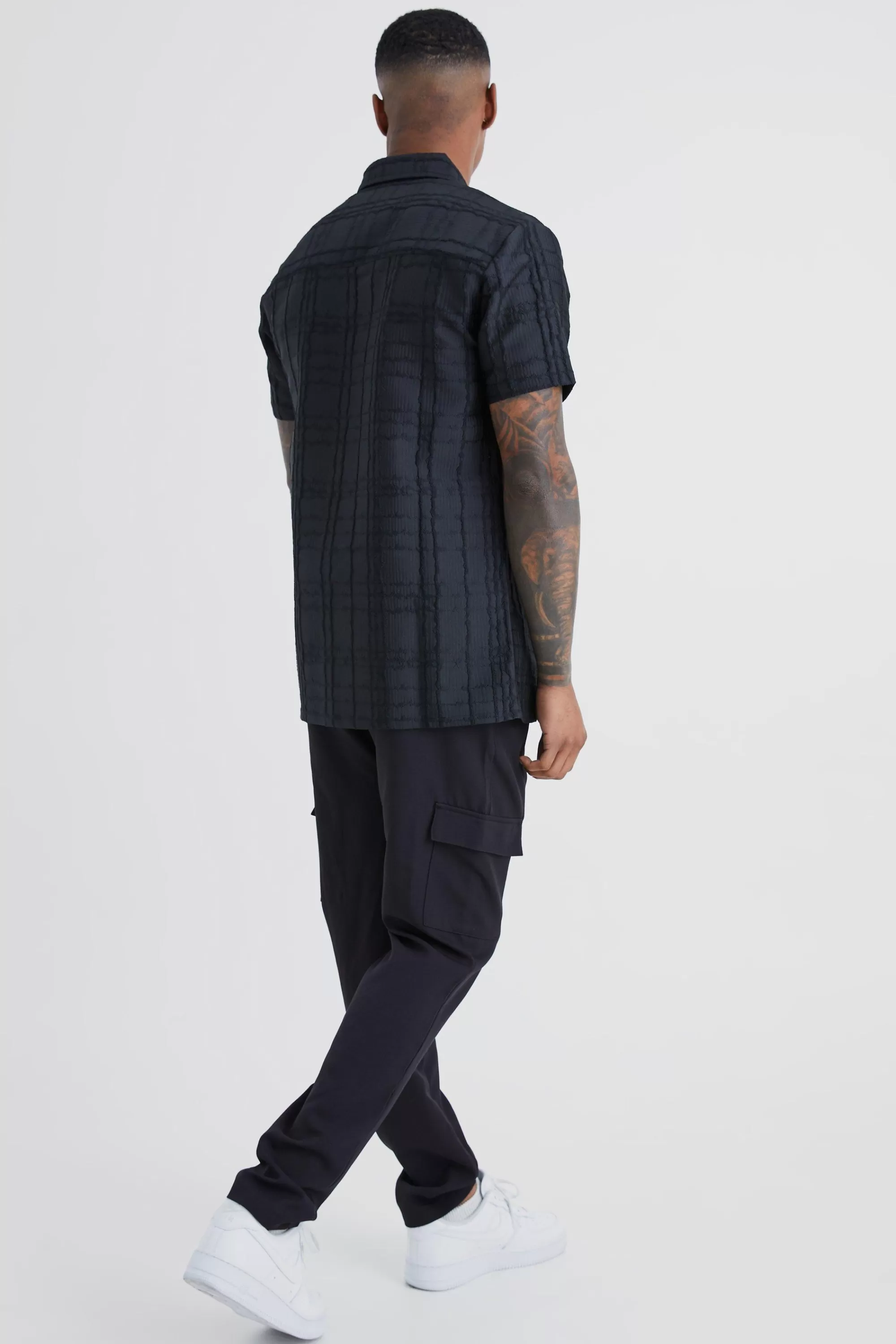 boohooMAN Short Sleeve Textured Tonal Check Shirt | UK