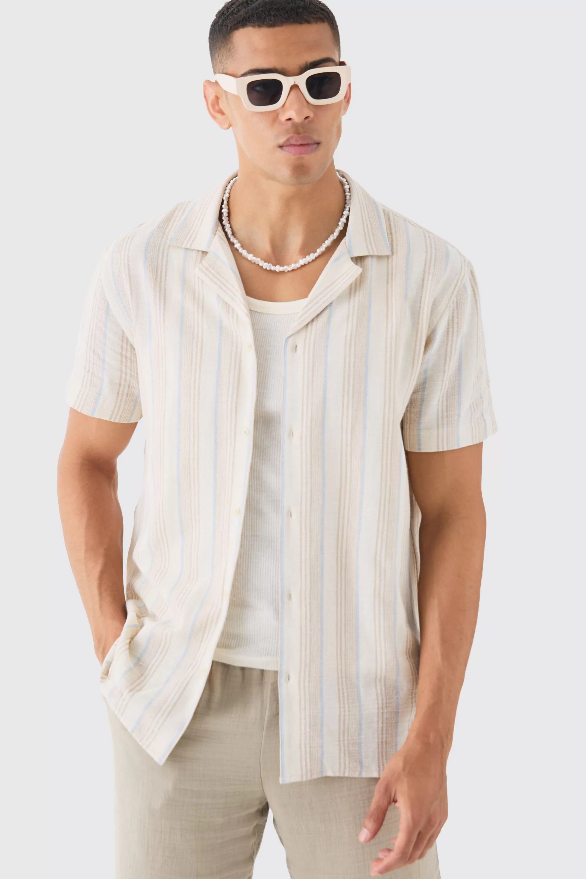 boohooMAN Short Sleeve Textured Tonal Stripe Shirt | UK