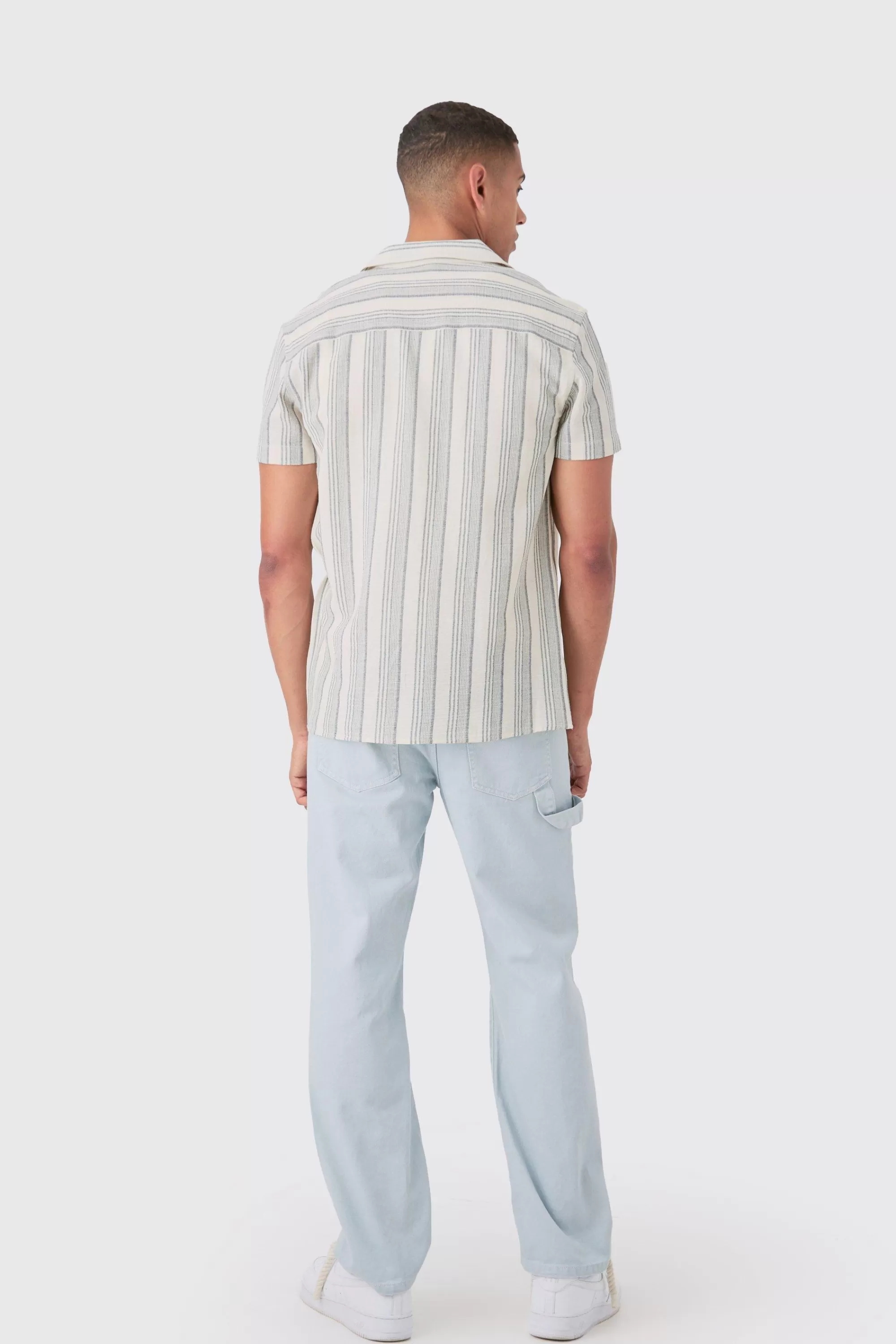 boohooMAN Short Sleeve Textured Tonal Stripe Shirt | UK