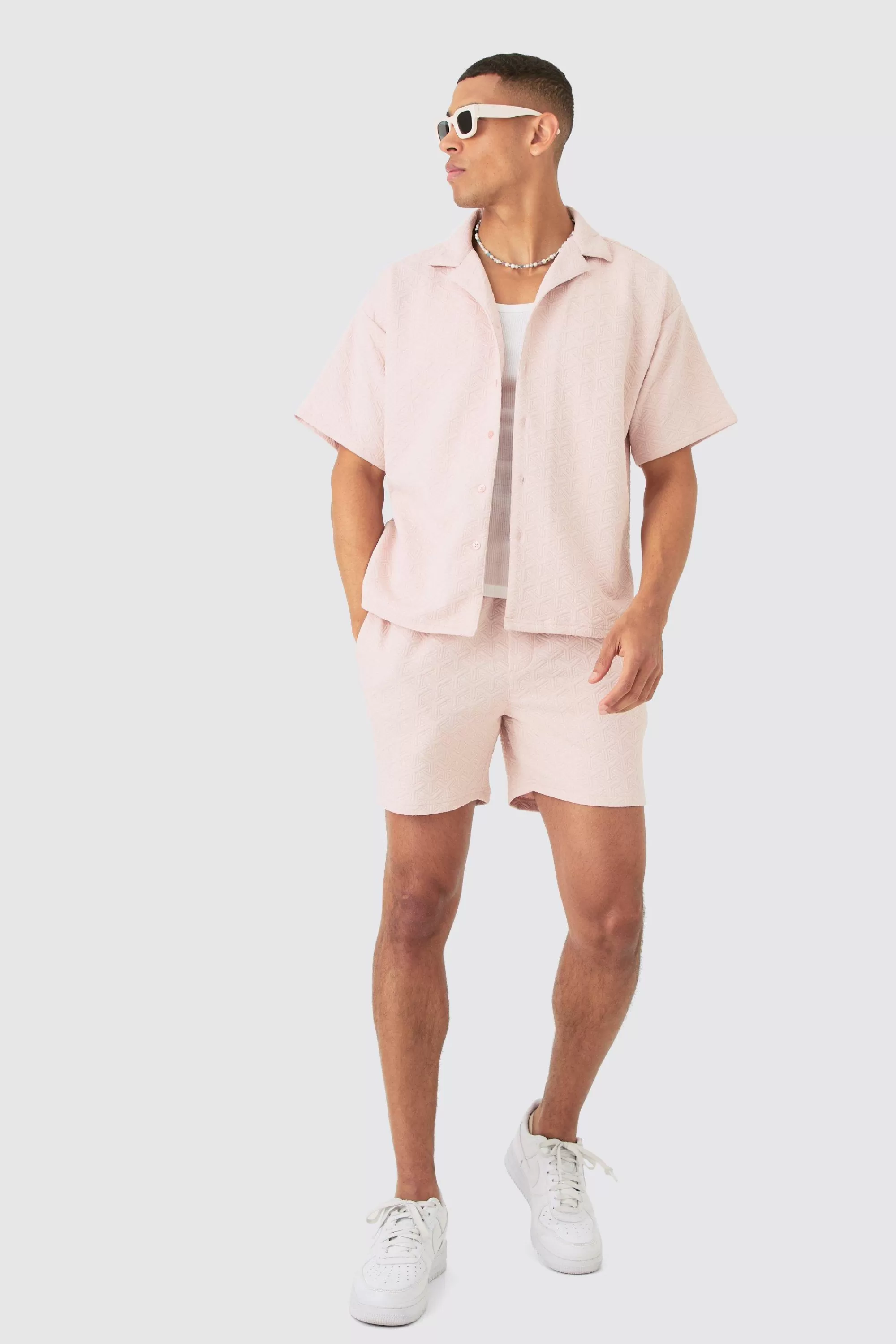 boohooMAN Short Sleeve Triangle Geo Boxy Shirt & Short Set | UK