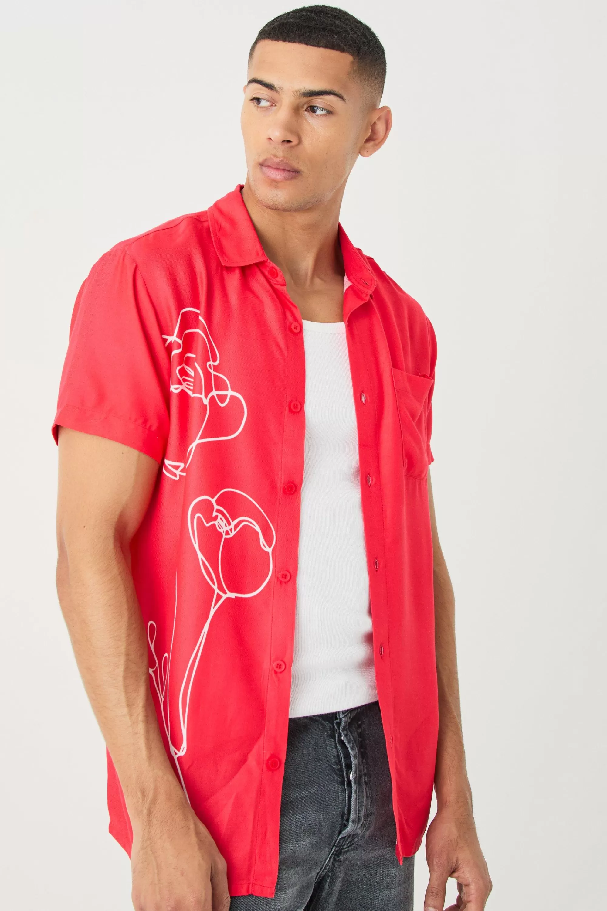 boohooMAN Short Sleeve Viscose Line Flower Shirt | UK