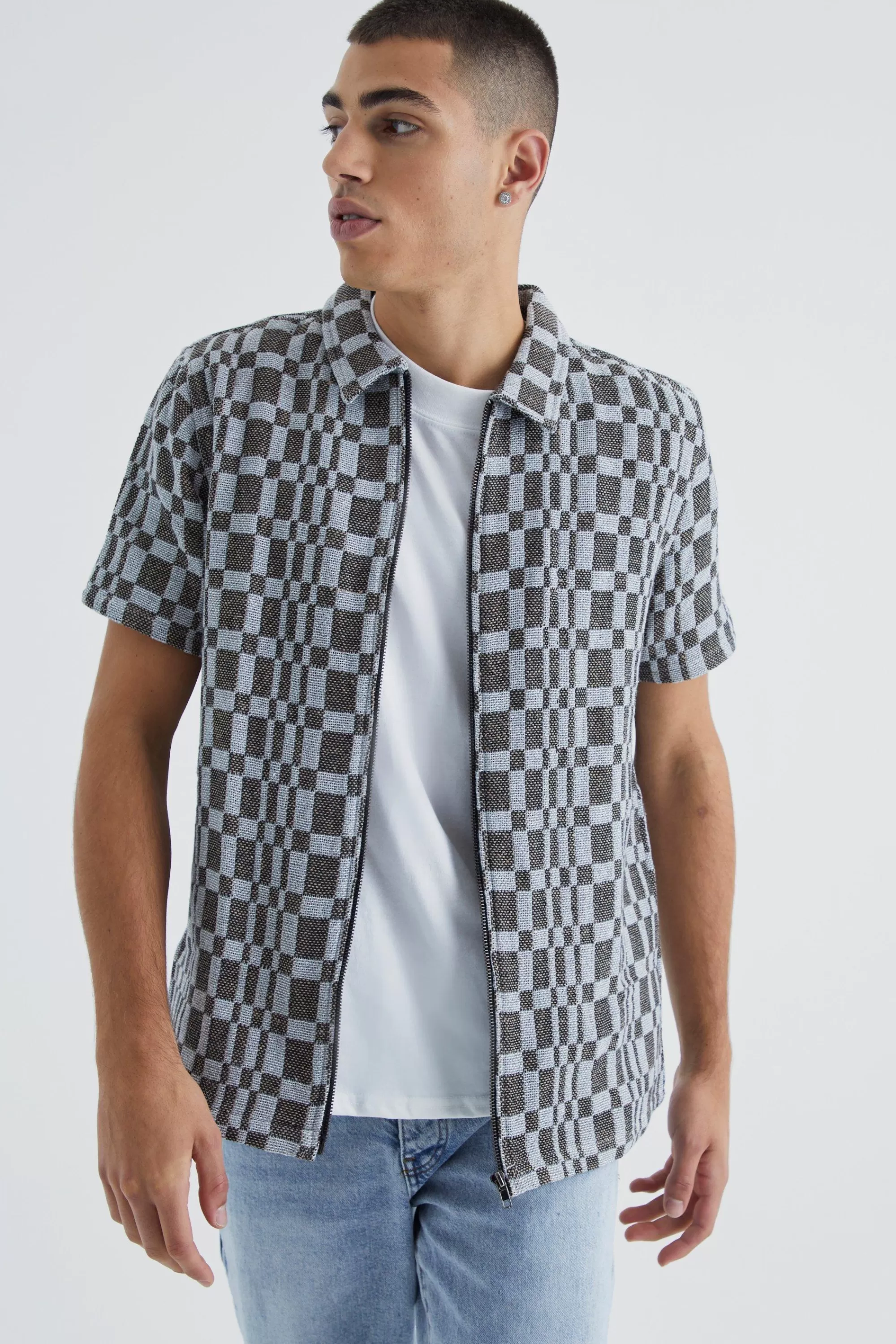 boohooMAN Short Sleeve Zip Through Space Dye Check Overshirt | UK
