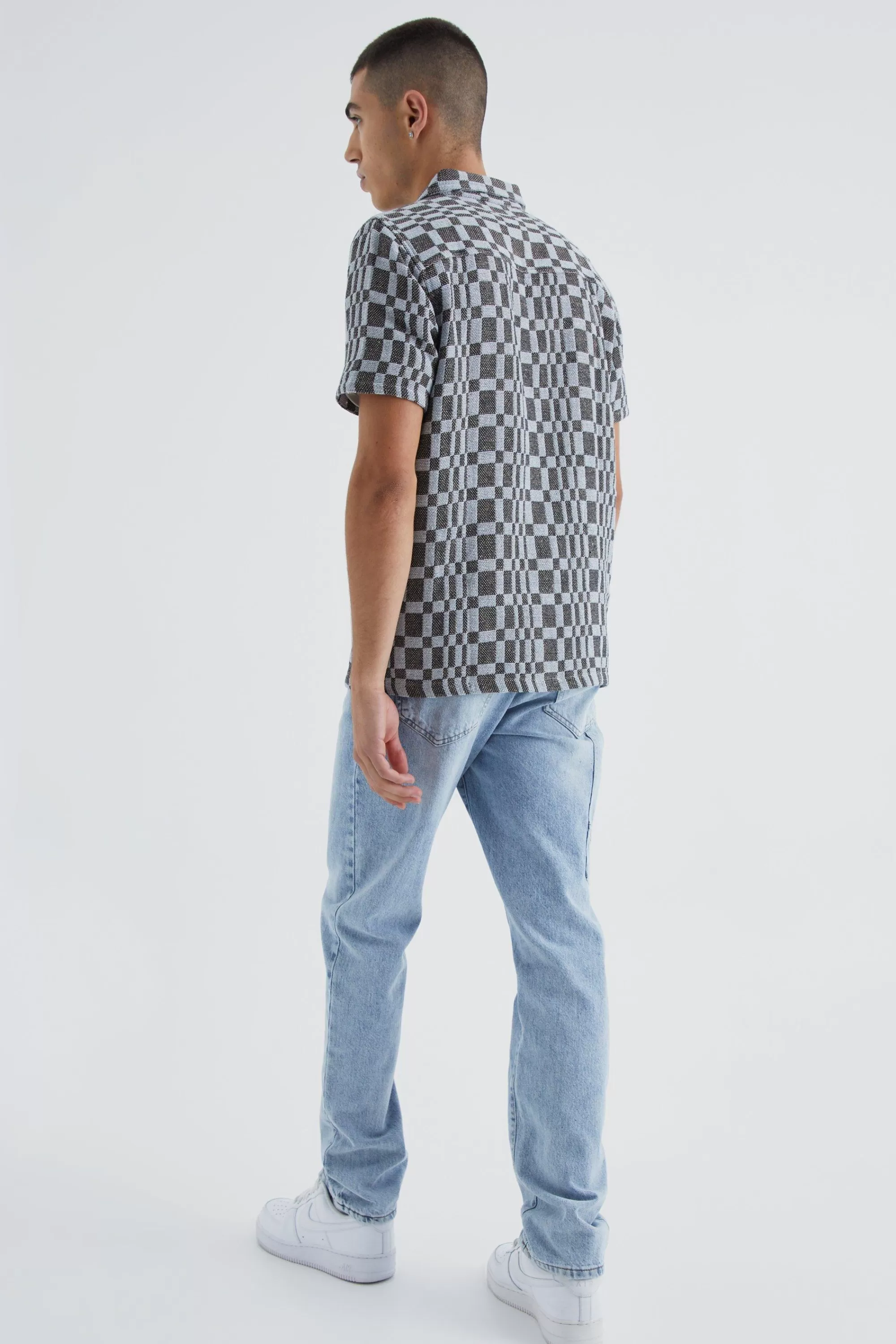 boohooMAN Short Sleeve Zip Through Space Dye Check Overshirt | UK