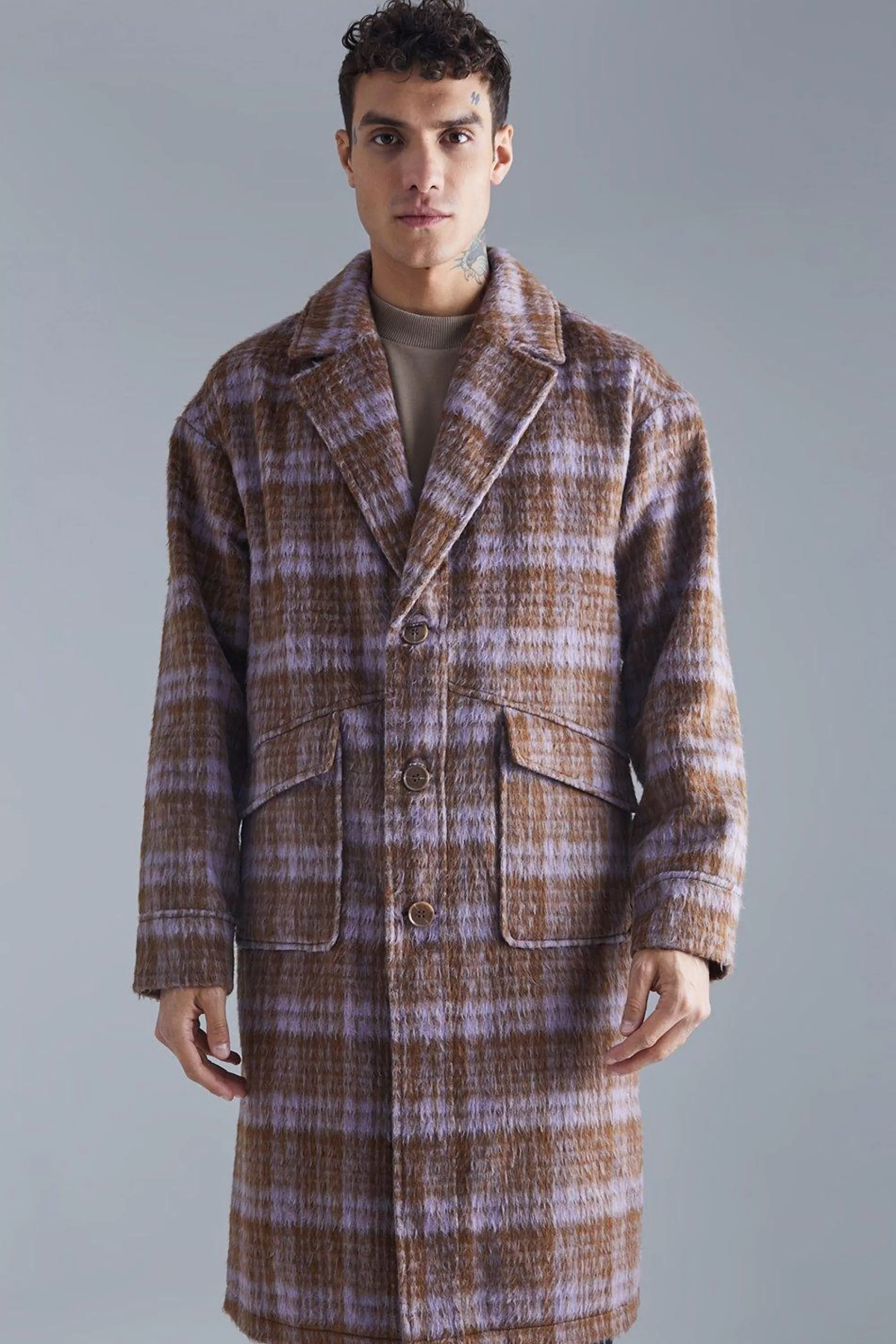boohooMAN Single Breasted Brushed Check Overcoat | UK