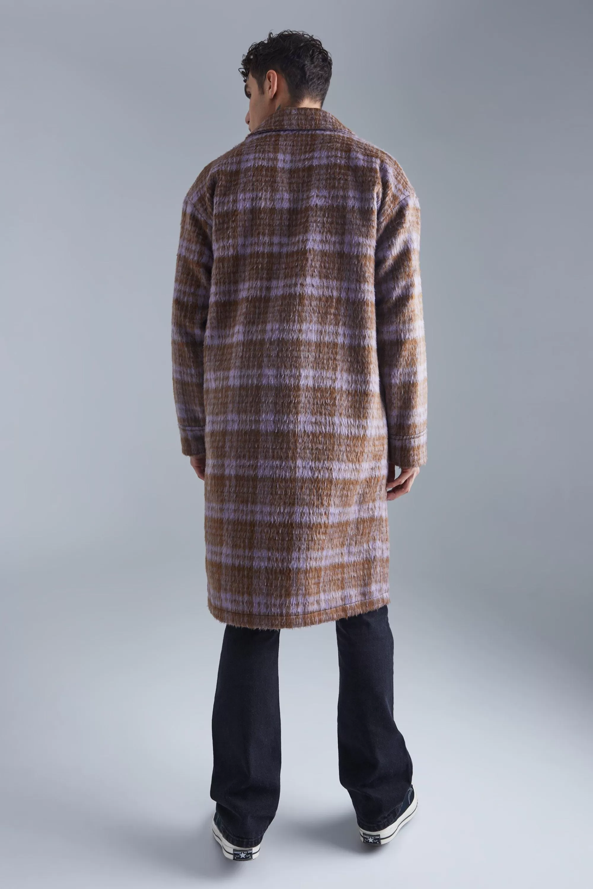 boohooMAN Single Breasted Brushed Check Overcoat | UK