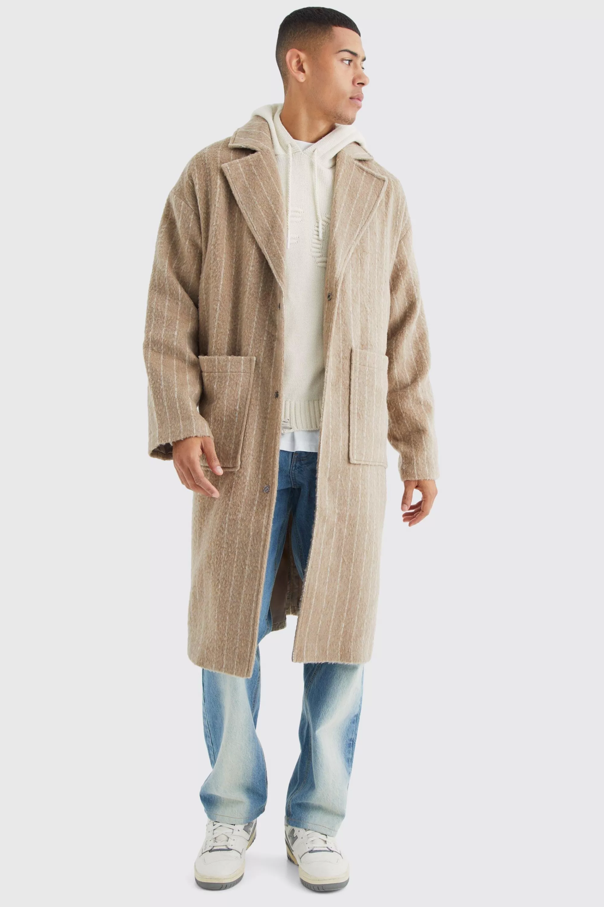 boohooMAN Single Breasted Brushed Stripe Overcoat | UK