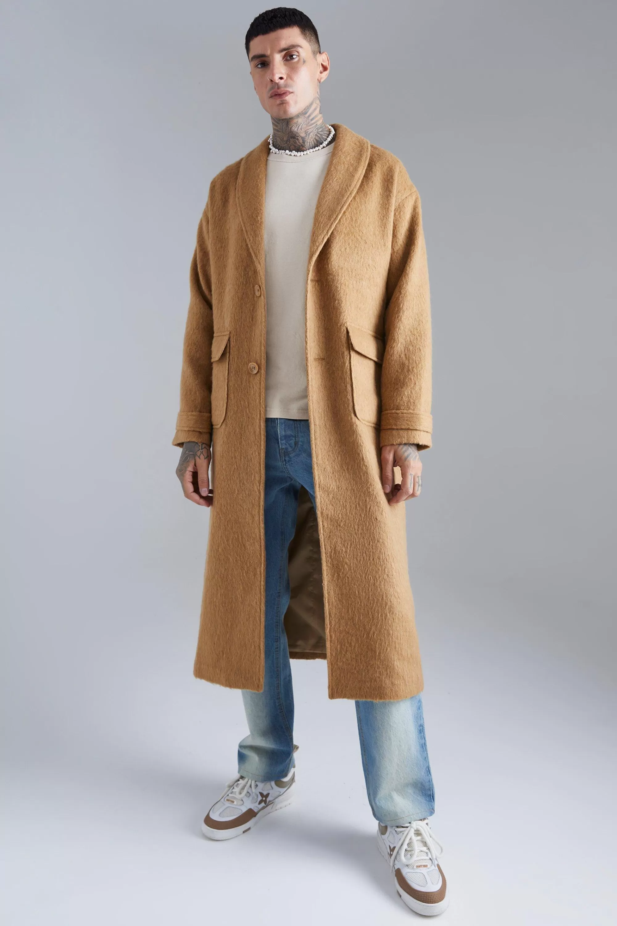 boohooMAN Single Breasted Brushed Wool Look Belted Overcoat | UK