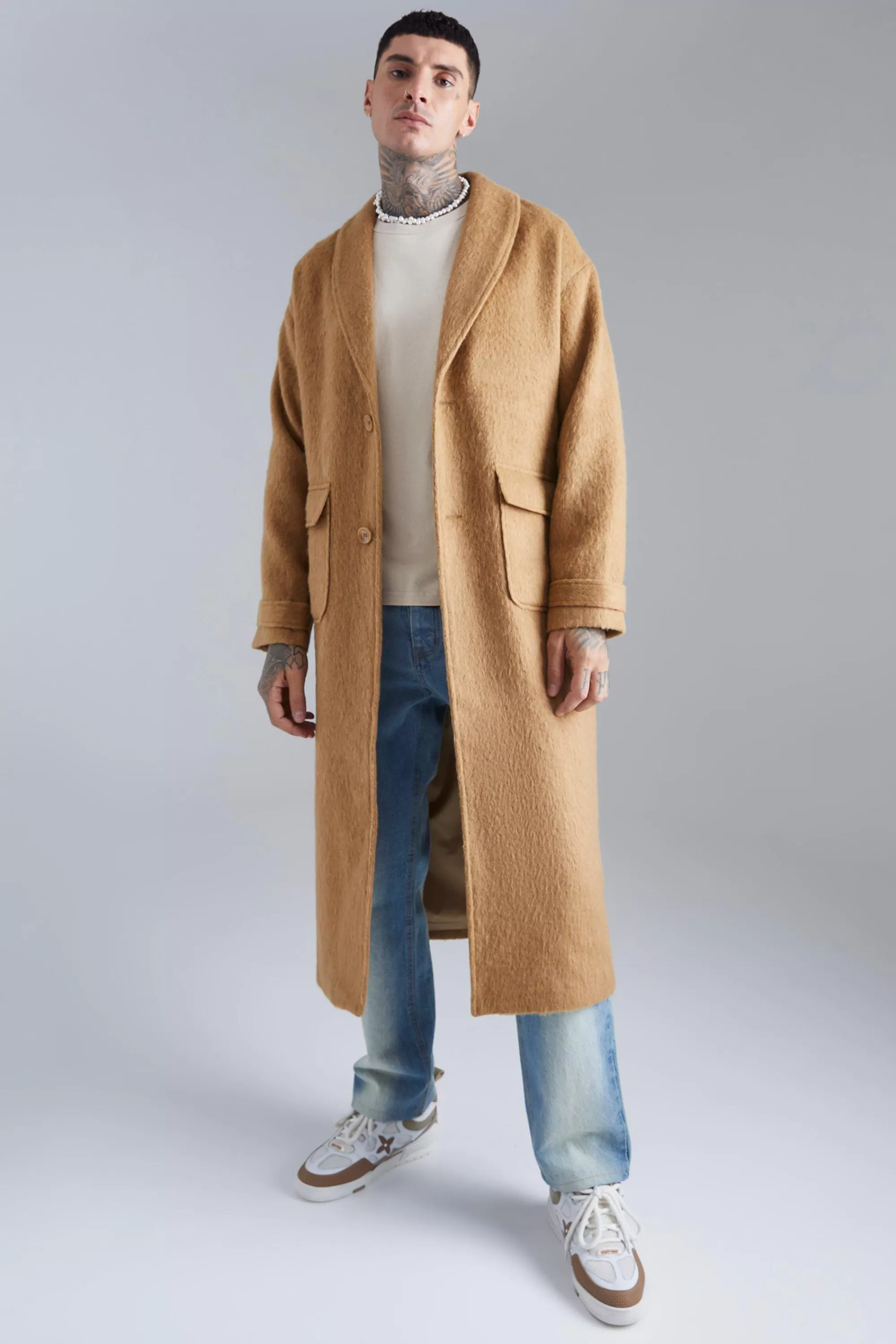 boohooMAN Single Breasted Brushed Wool Look Belted Overcoat | UK