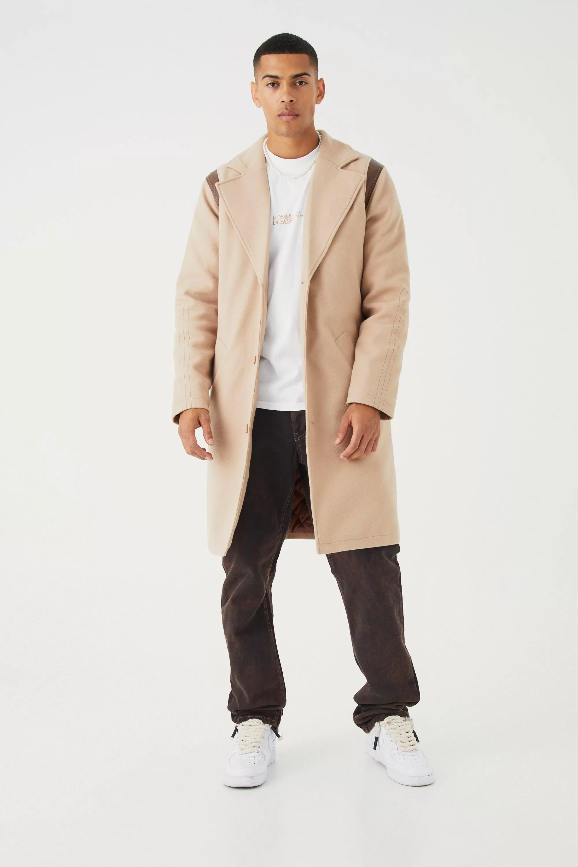 boohooMAN Single Breasted Melton Overcoat With Pu | UK