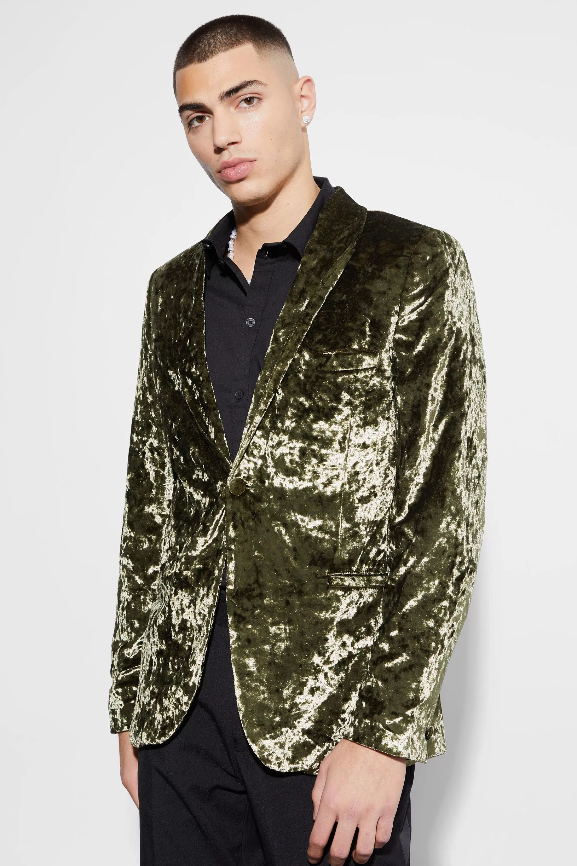 boohooMAN Skinny Crushed Velvet Blazer | UK