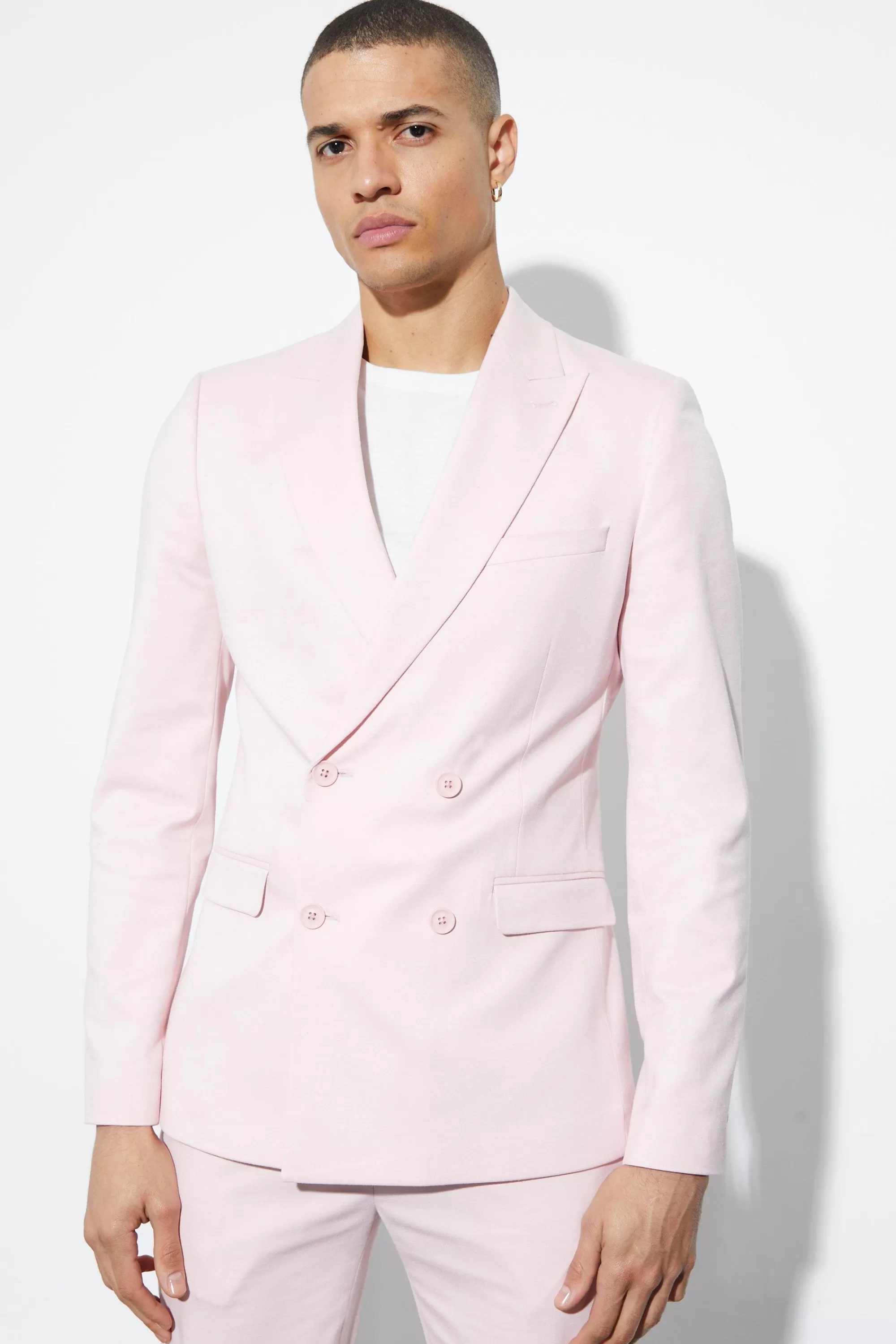 boohooMAN Skinny Double Breasted Linen Suit Jacket | UK