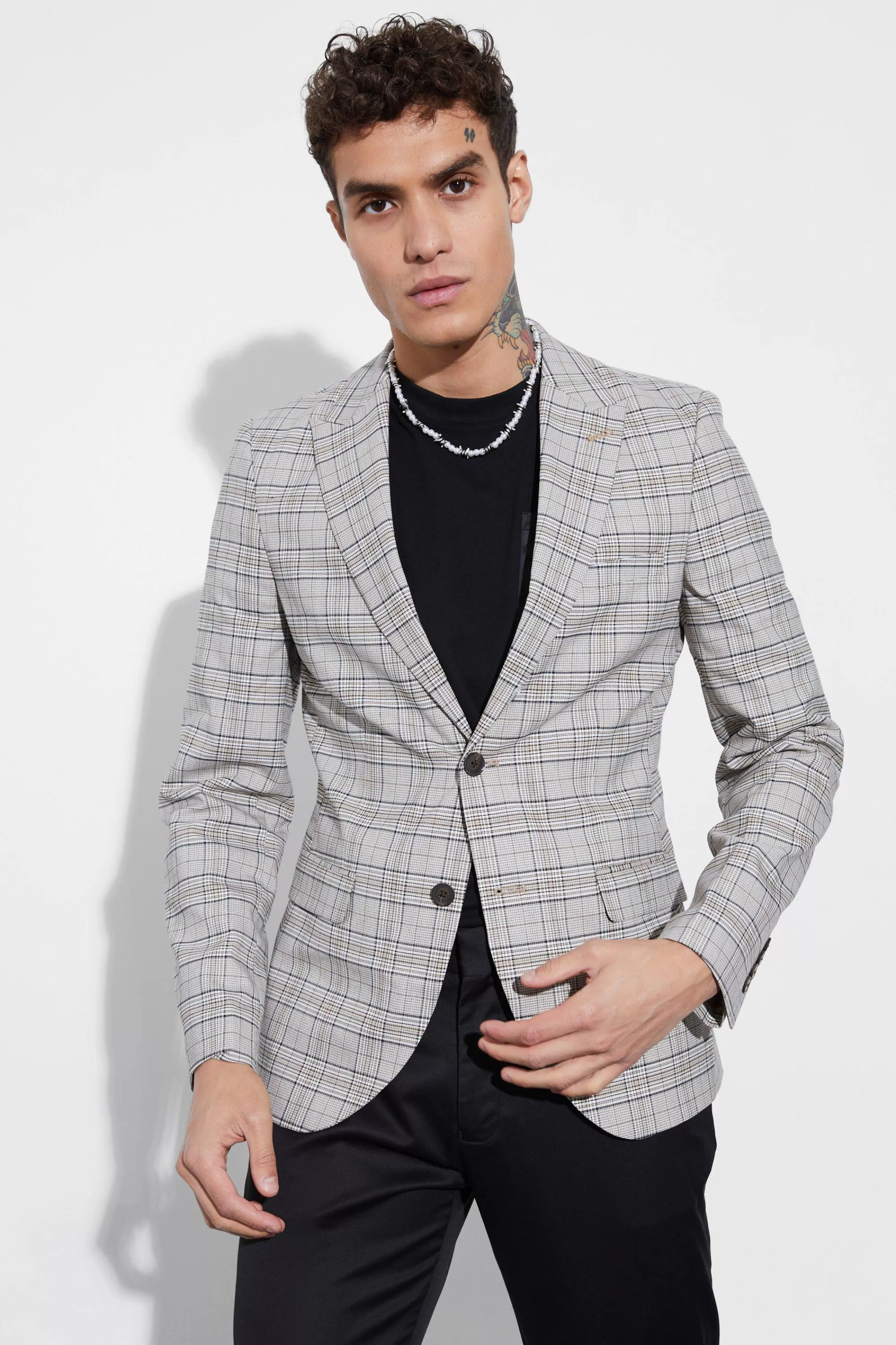 boohooMAN Skinny Fit Check Suit Jacket | UK