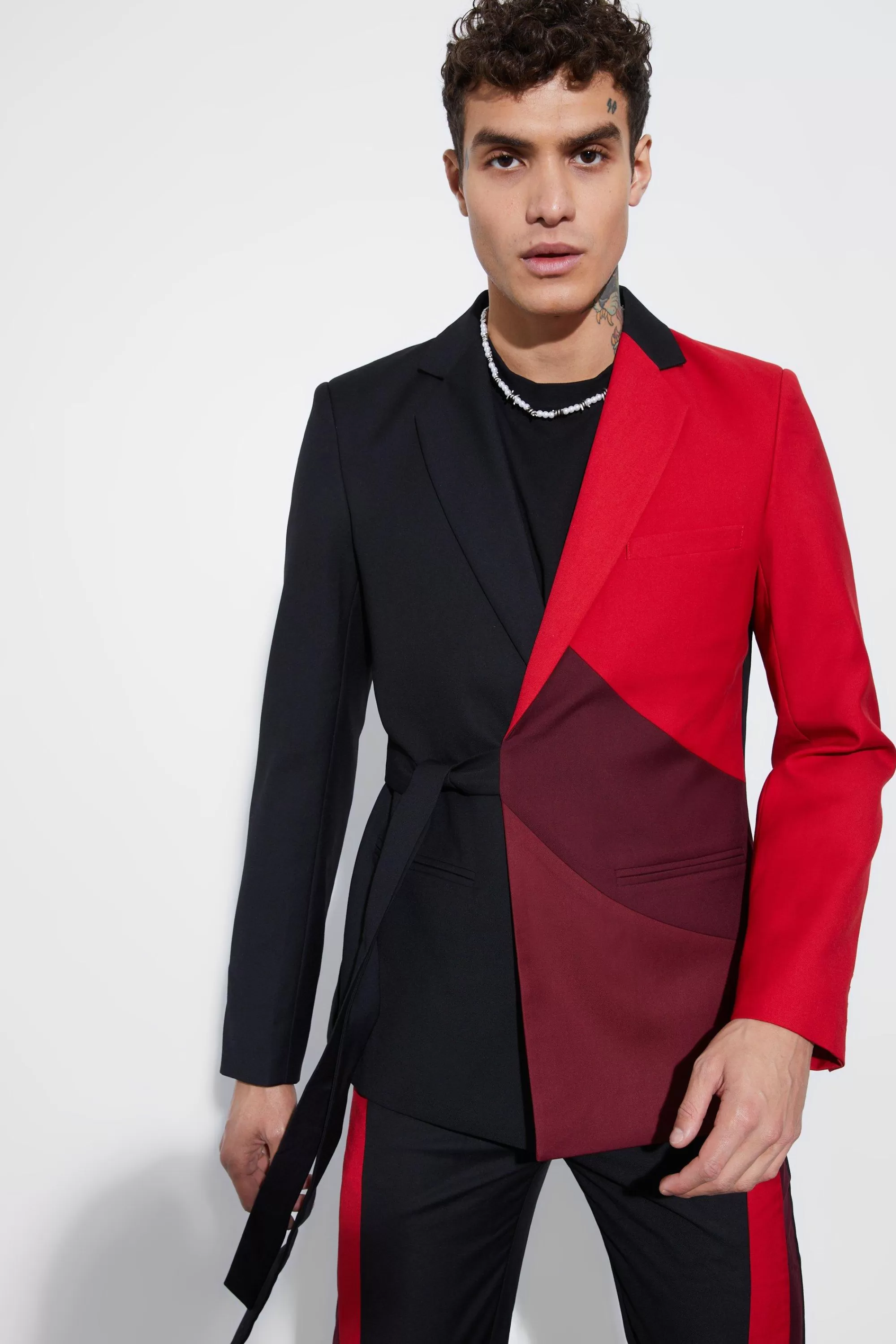 boohooMAN Skinny Fit Colour Block Wrap Front Suit | UK