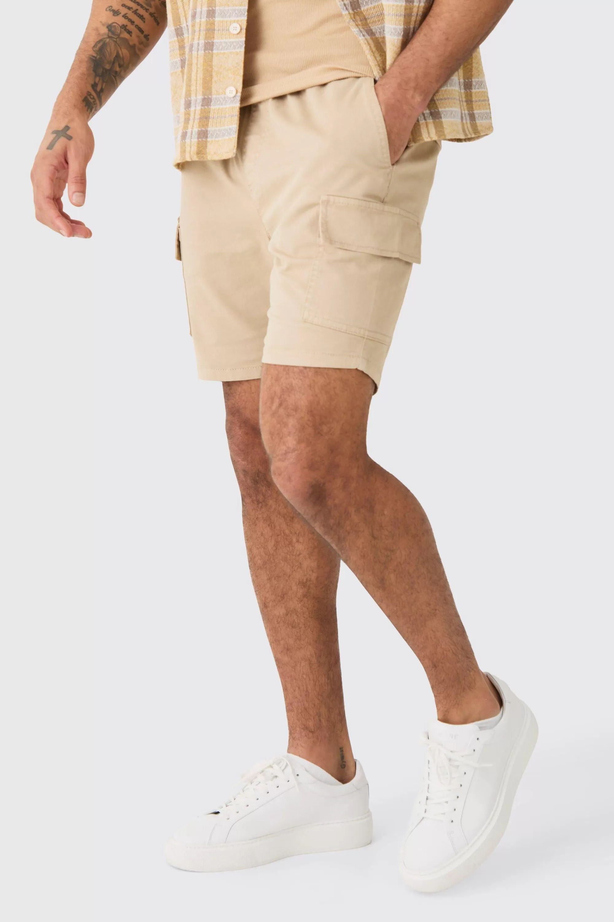 boohooMAN Skinny Fit Elasticated Waist Cargo Shorts In | UK