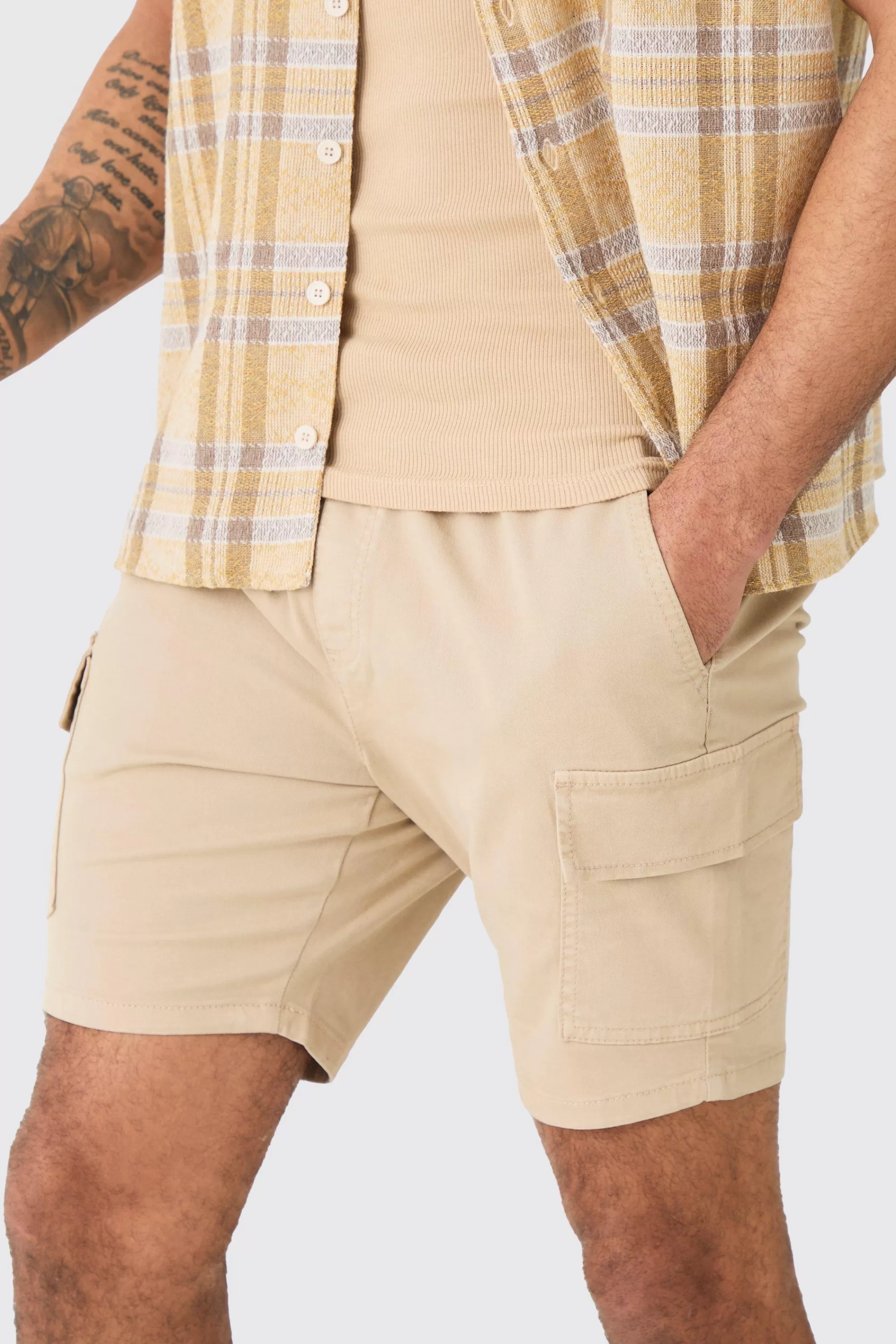 boohooMAN Skinny Fit Elasticated Waist Cargo Shorts In | UK