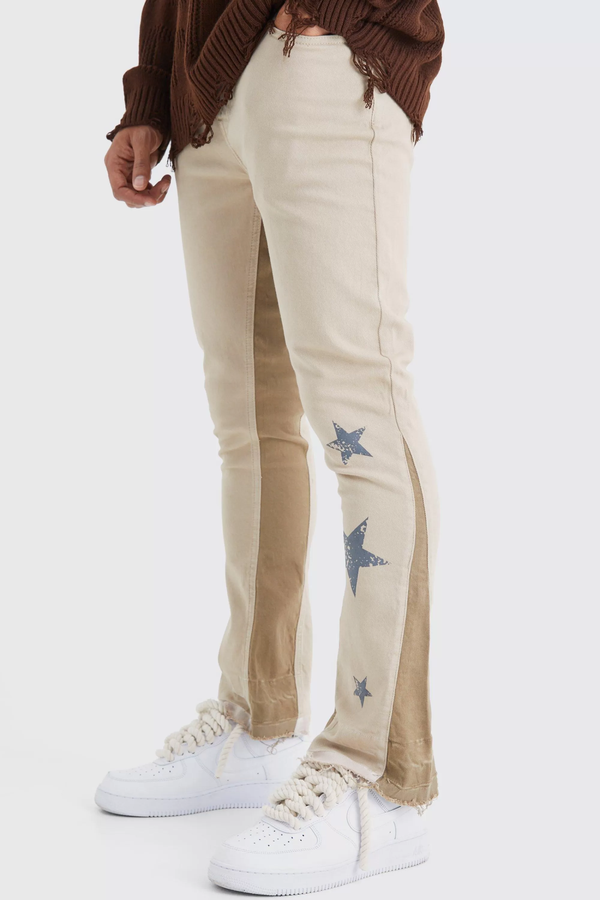 boohooMAN Skinny Flare Gusset Print Trouser | UK