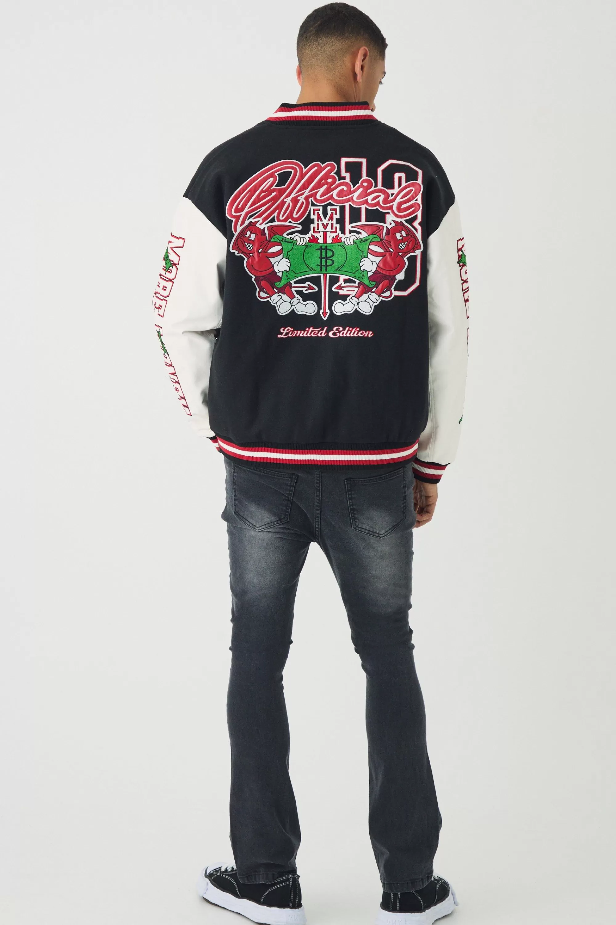 boohooMAN Skinny Flared Ripped Stitch Detail Paint Splatter Jeans | UK