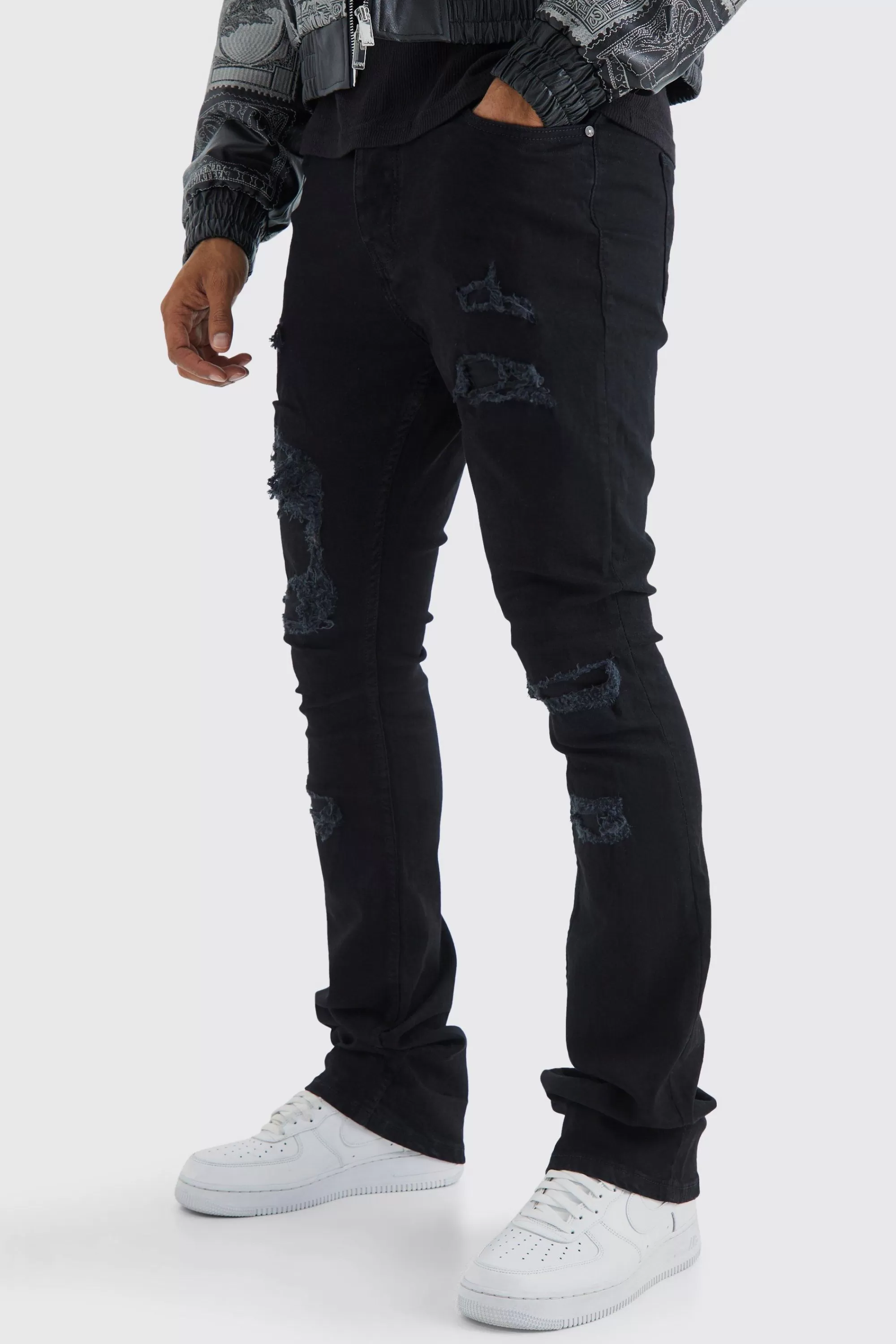 boohooMAN Skinny Stacked Distressed Ripped Jeans | UK