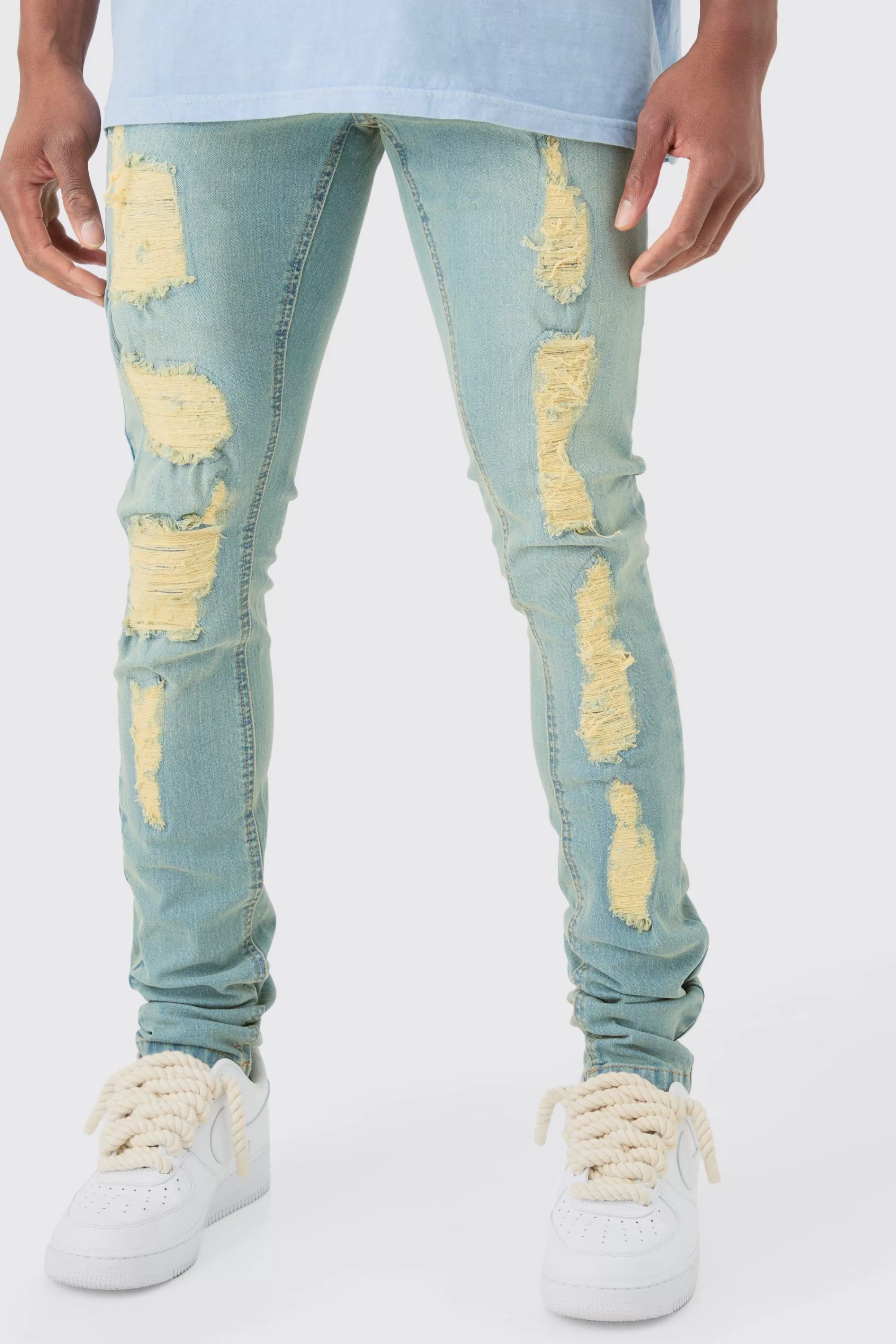 boohooMAN Skinny Stacked Distressed Ripped Jeans In | UK