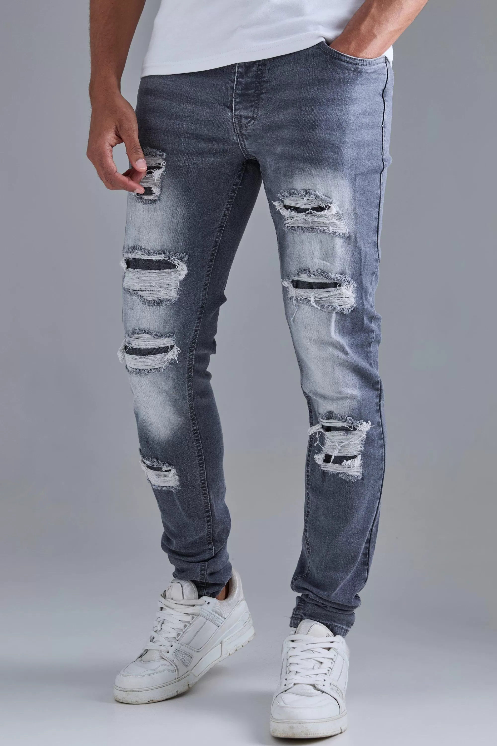 boohooMAN Skinny Stacked Distressed Ripped Jeans In | UK