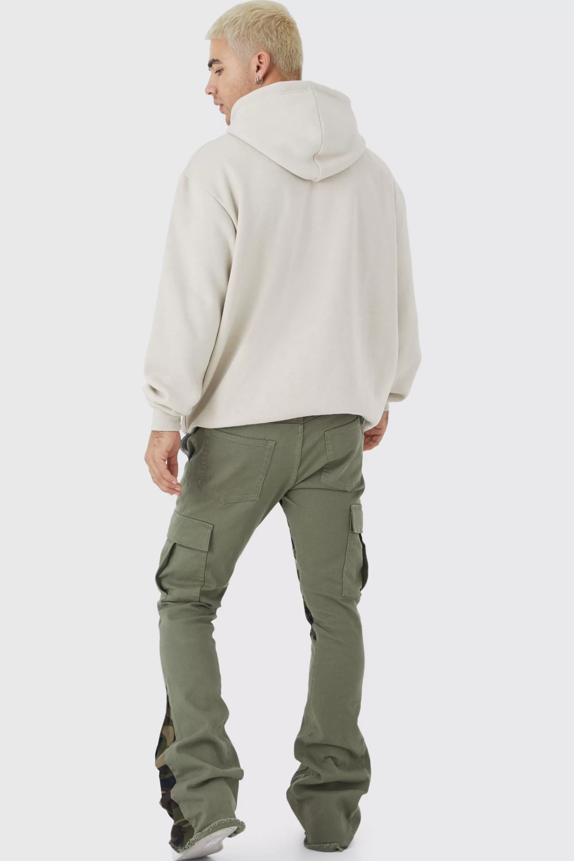 boohooMAN Skinny Stacked Flare Camo Gusset Cargo Trouser | UK