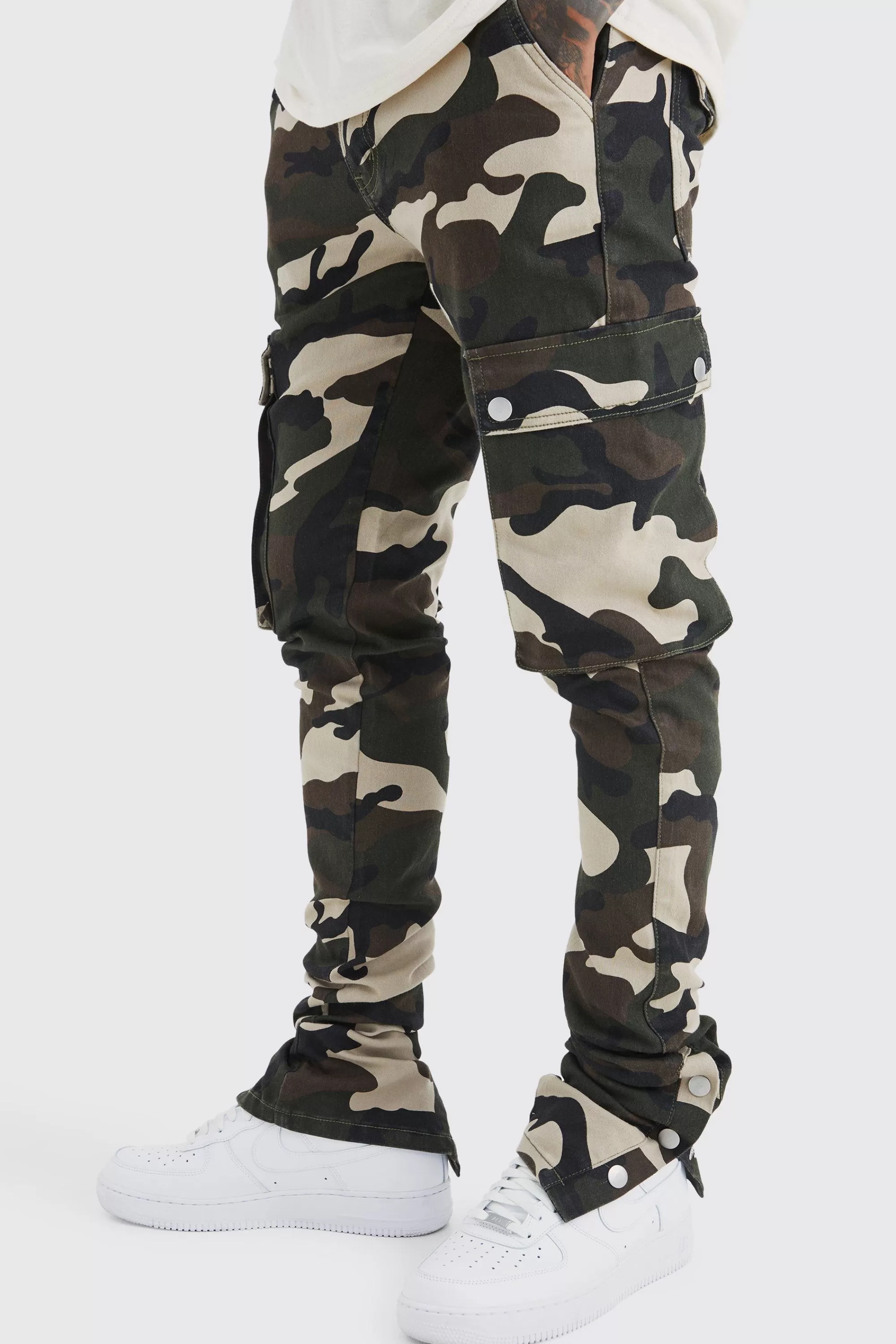 boohooMAN Skinny Stacked Popper Hem Camo Cargo Trouser | UK