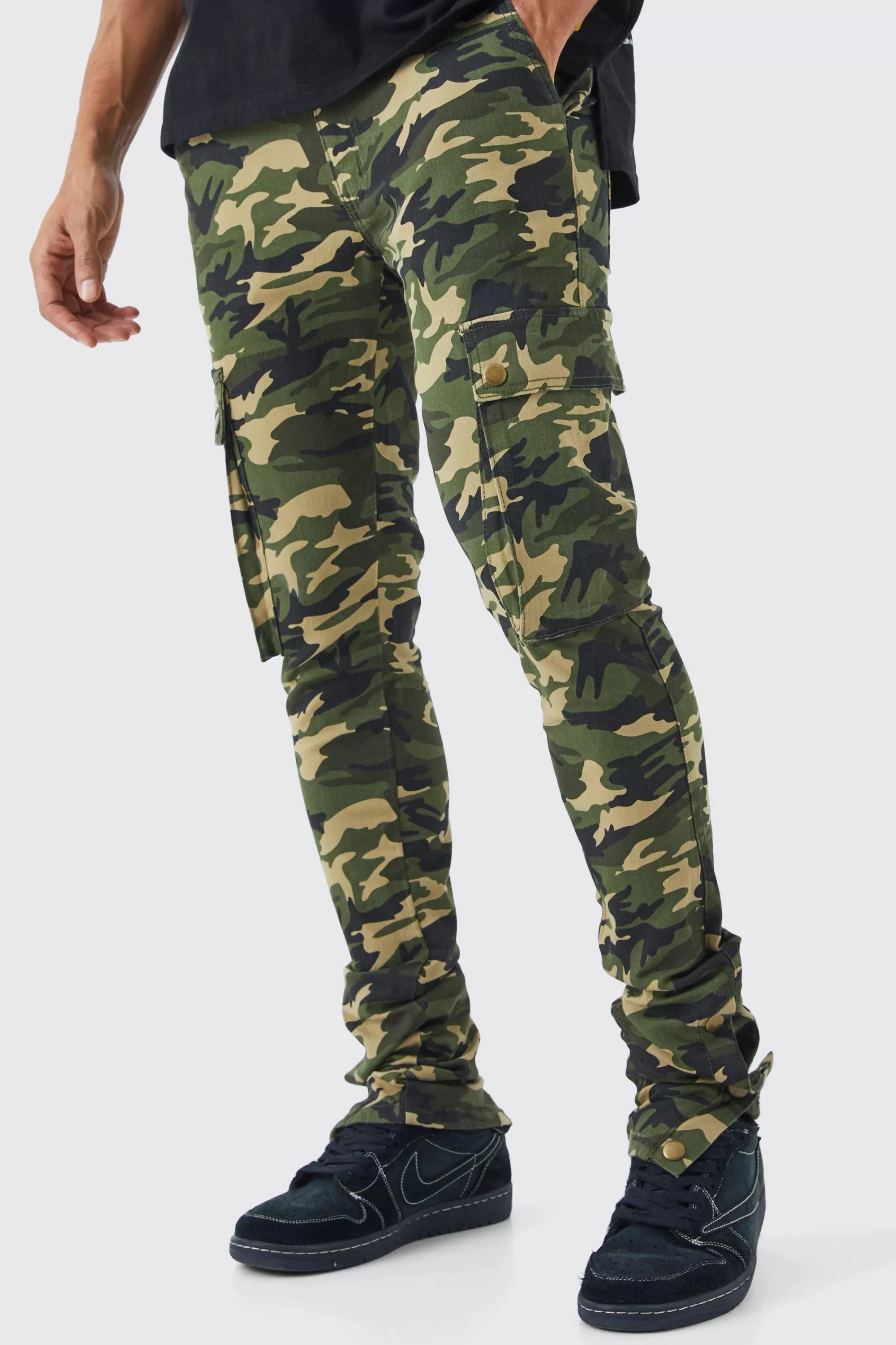 boohooMAN Skinny Stacked Popper Hem Camo Cargo Trouser | UK